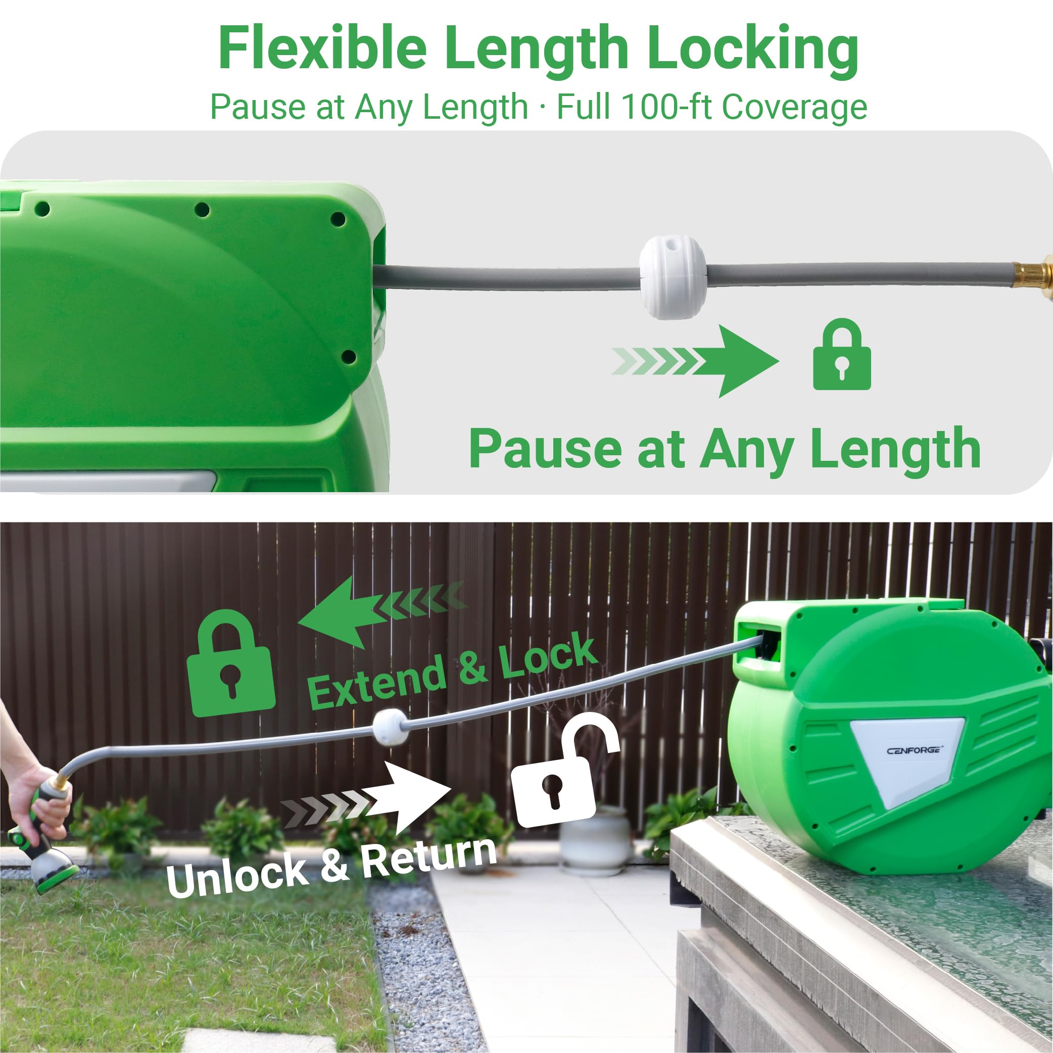 CENFORGE lock-at-length function with 180-degree bracket enables precise watering.