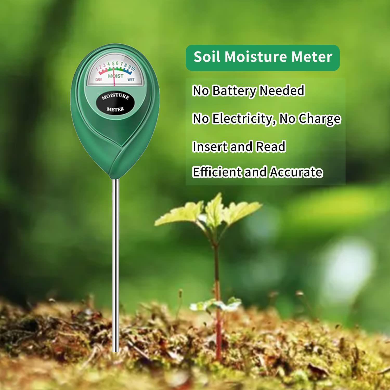 Censinda soil moisture meter probe in soil checks moisture near roots.