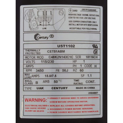 Century UST1102 threaded shaft ready for secure pump mounting