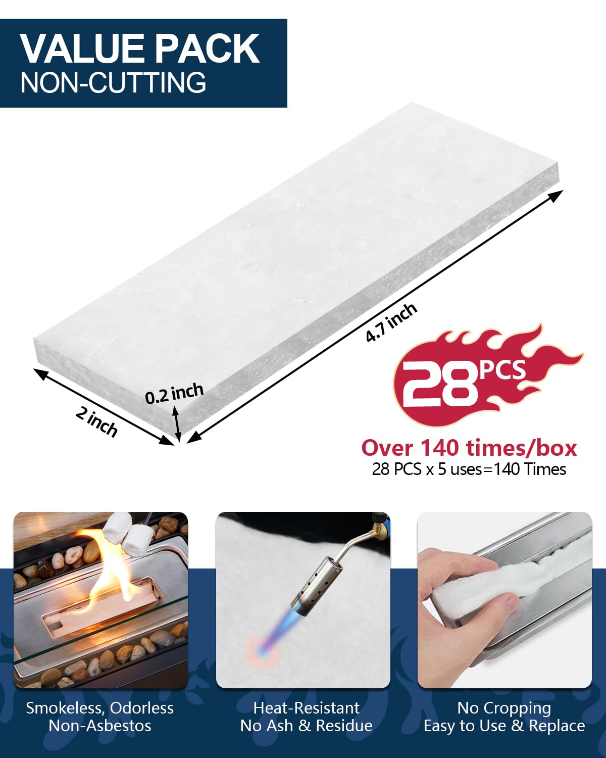 Non-smoke ceramic fiber core provides clean burning for indoor and outdoor pits.