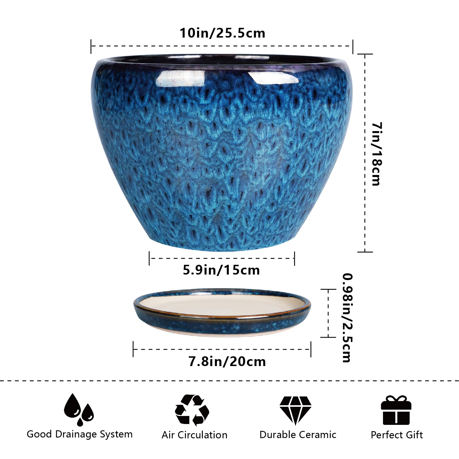 Ceramicfor 10-inch blue planter bottom view with drainage hole for healthy roots.