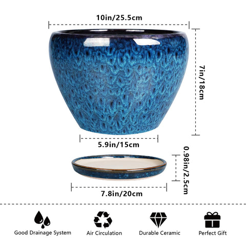 Ceramicfor 10-inch blue planter bottom view with drainage hole for healthy roots.