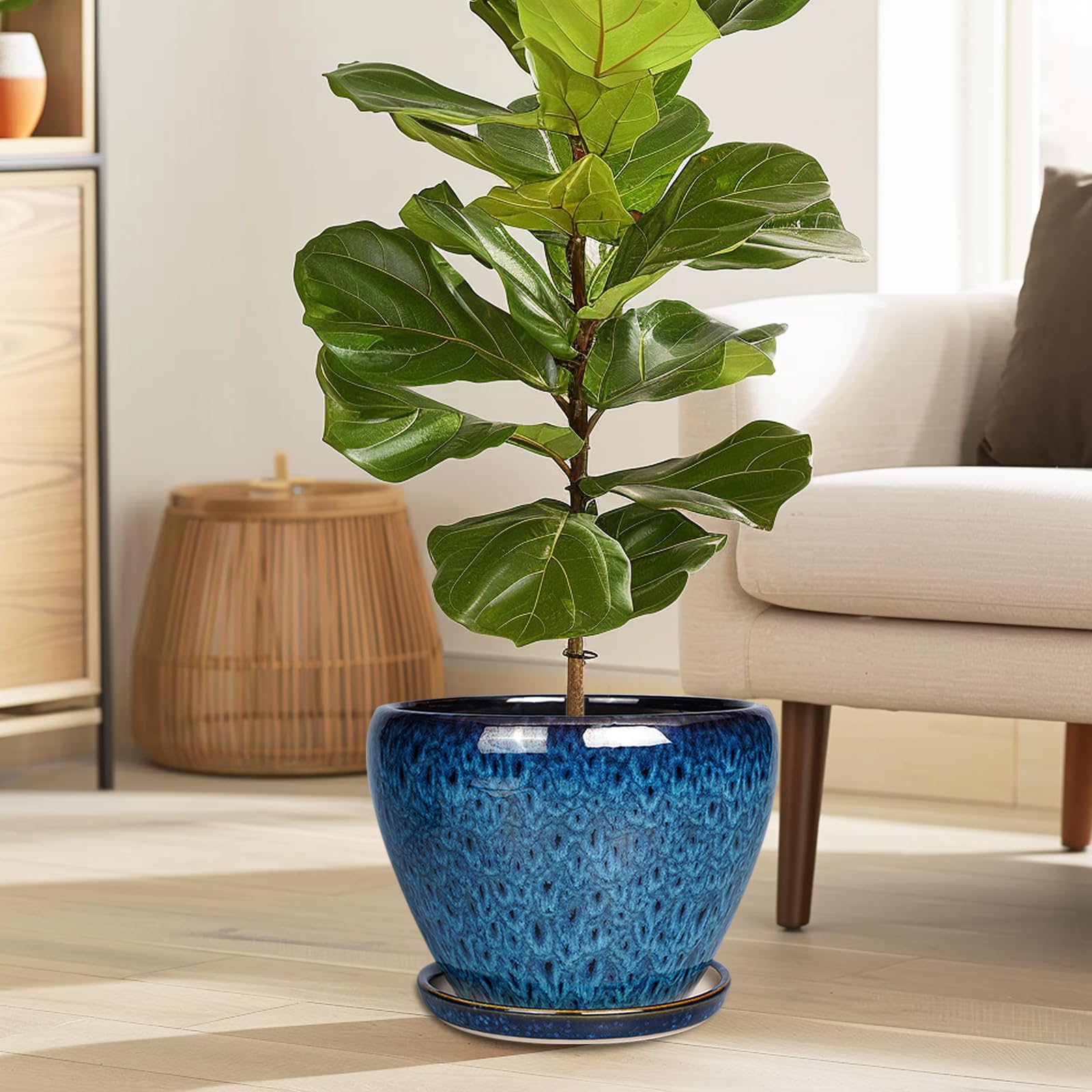 Ceramicfor 10-inch blue planter glaze close-up shows rich blue finish.