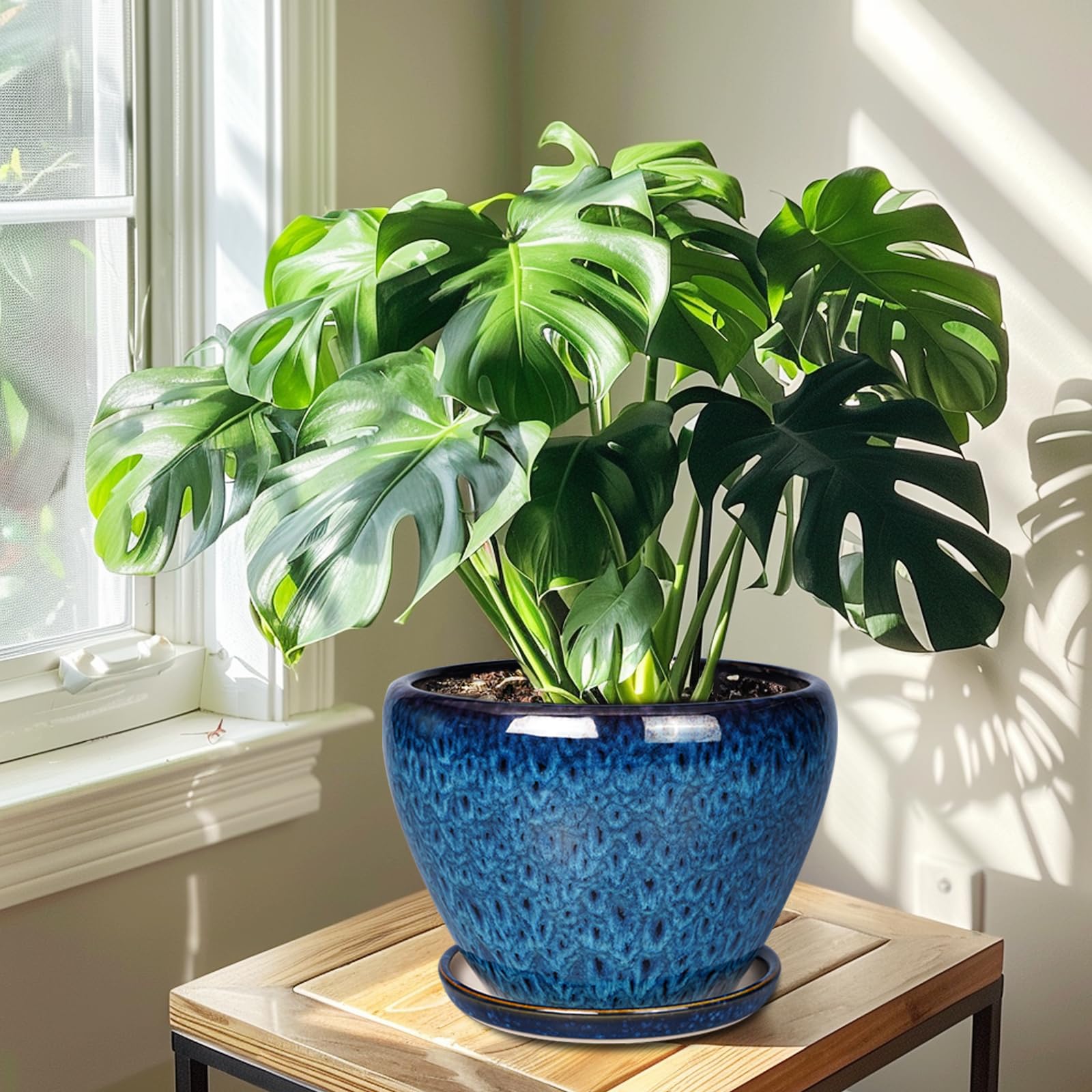 Ceramicfor 10-inch blue planter with saucer on patio for outdoor use.