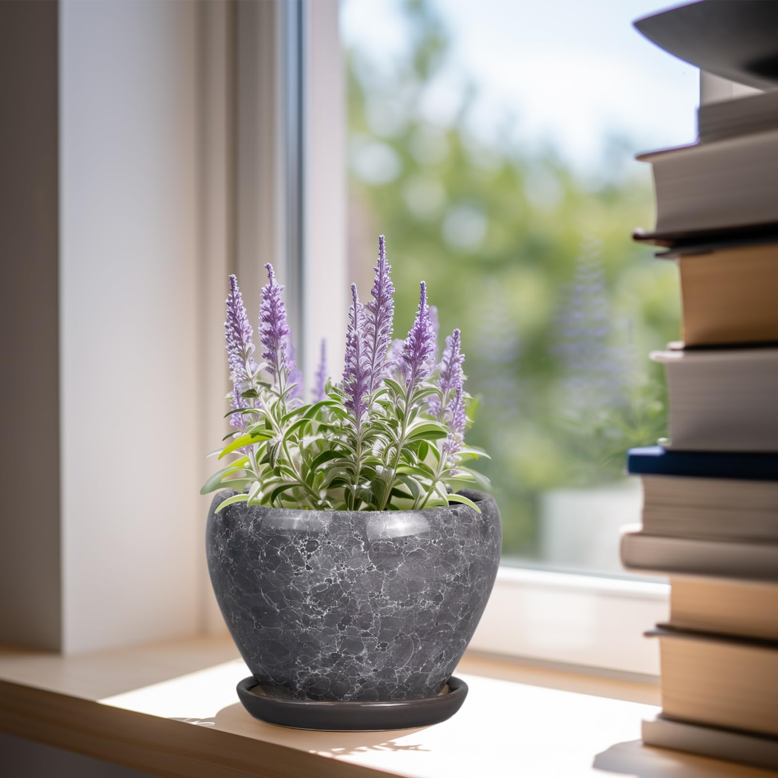 Ceramicfor gray glaze planter with saucer keeps surfaces clean and stylish.