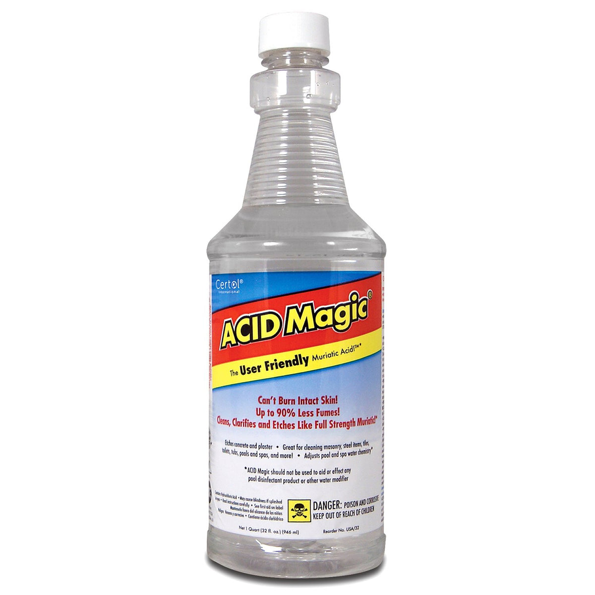 Certol Acid Magic bottle shown for safer, low-fume pool pH adjustment and cleaning