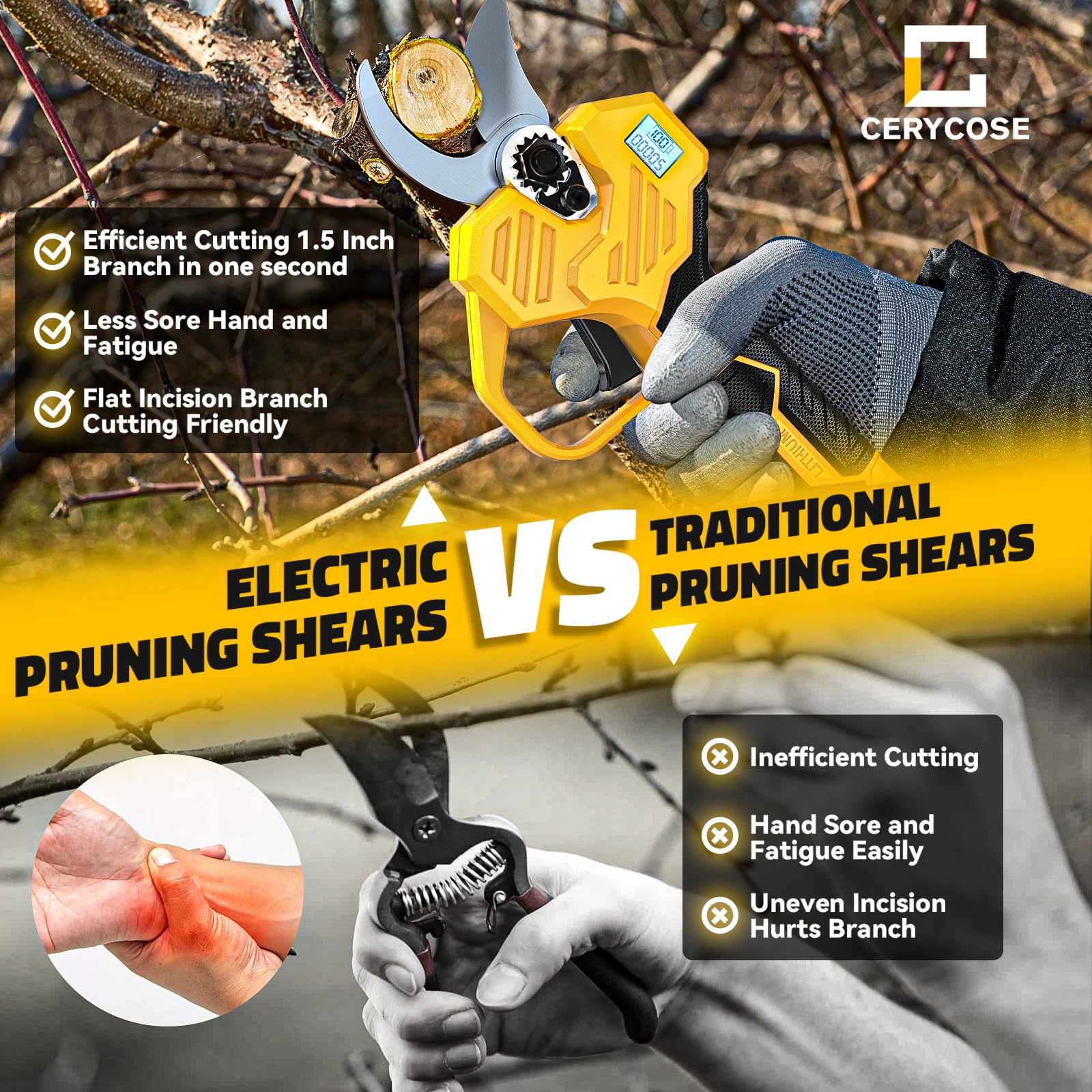 Cerycose pruner compact design reduces hand fatigue during long pruning tasks.