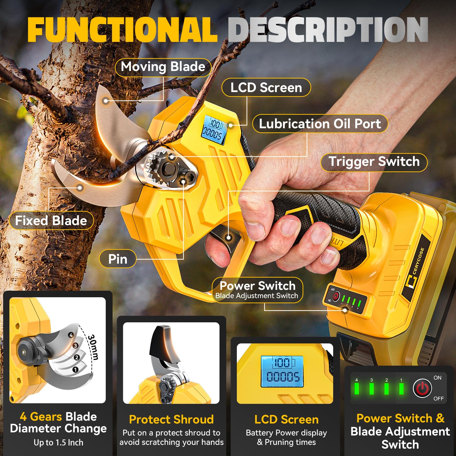 Cerycose pruner LCD display helps track pruning progress and battery status.