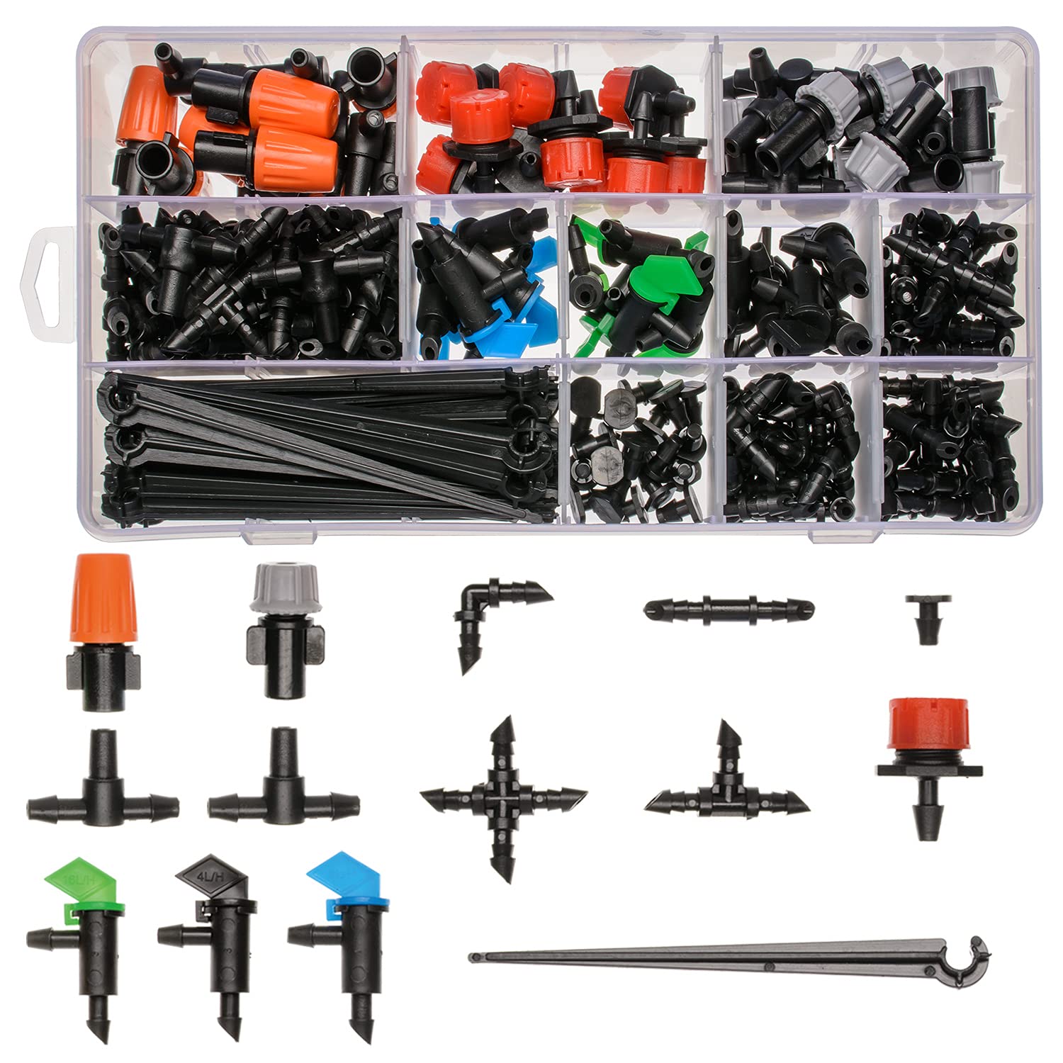 CESTAME 190-pcs barbed connectors kit with box storage for organized irrigation setup.