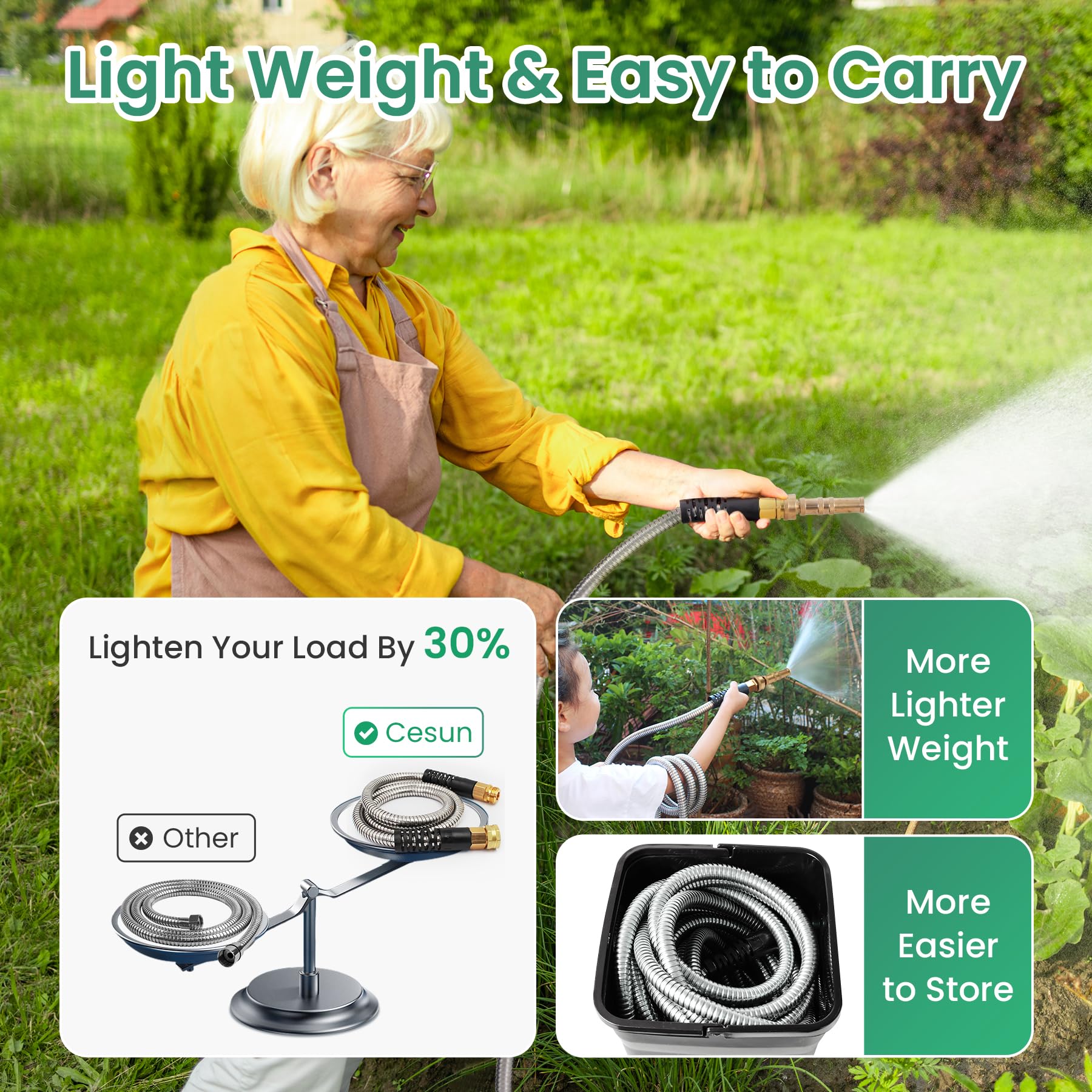Cesun 50ft flexible kink-free design enables easy navigation around obstacles.