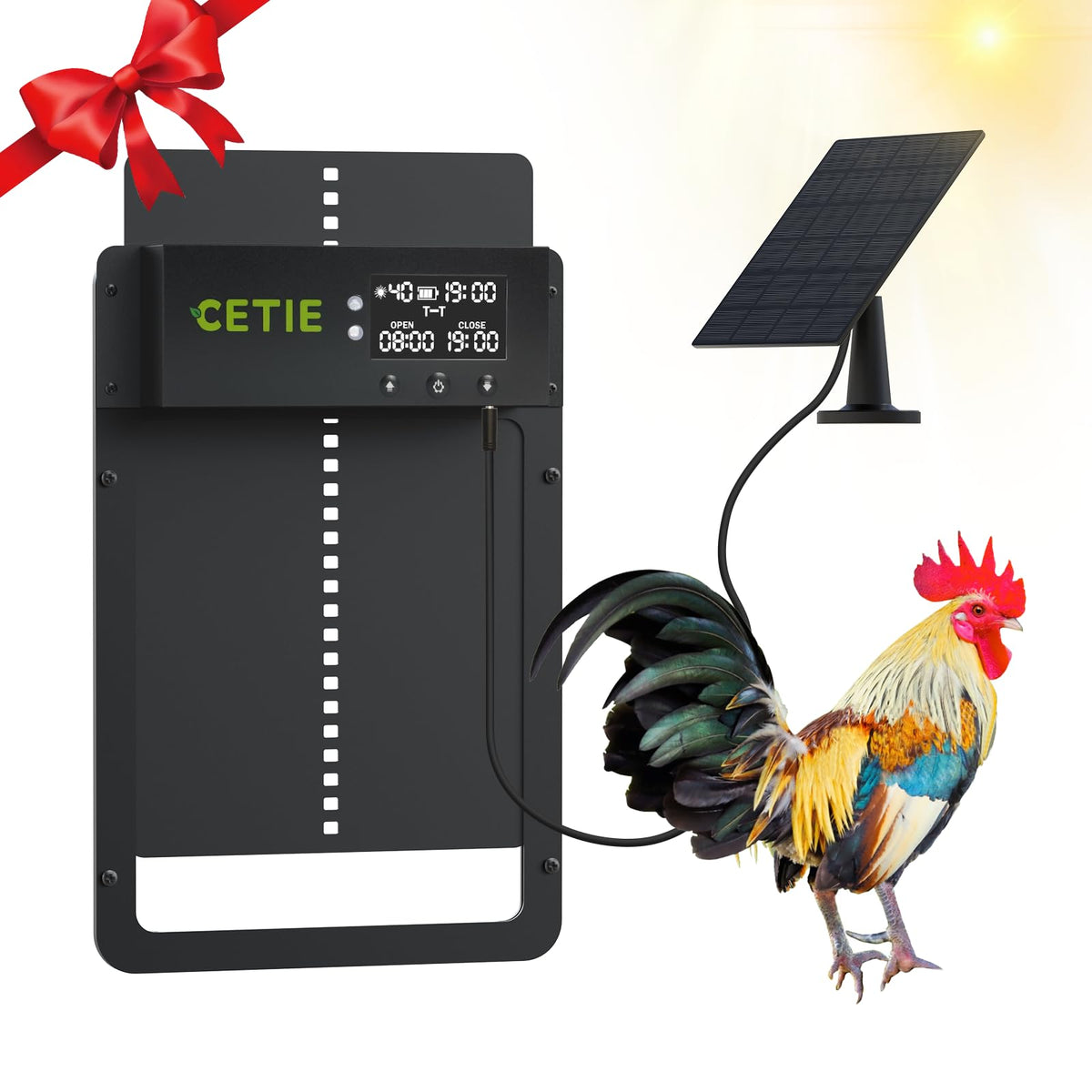 Cetie automatic chicken coop door, front view, durable aluminum frame for outdoor reliability.
