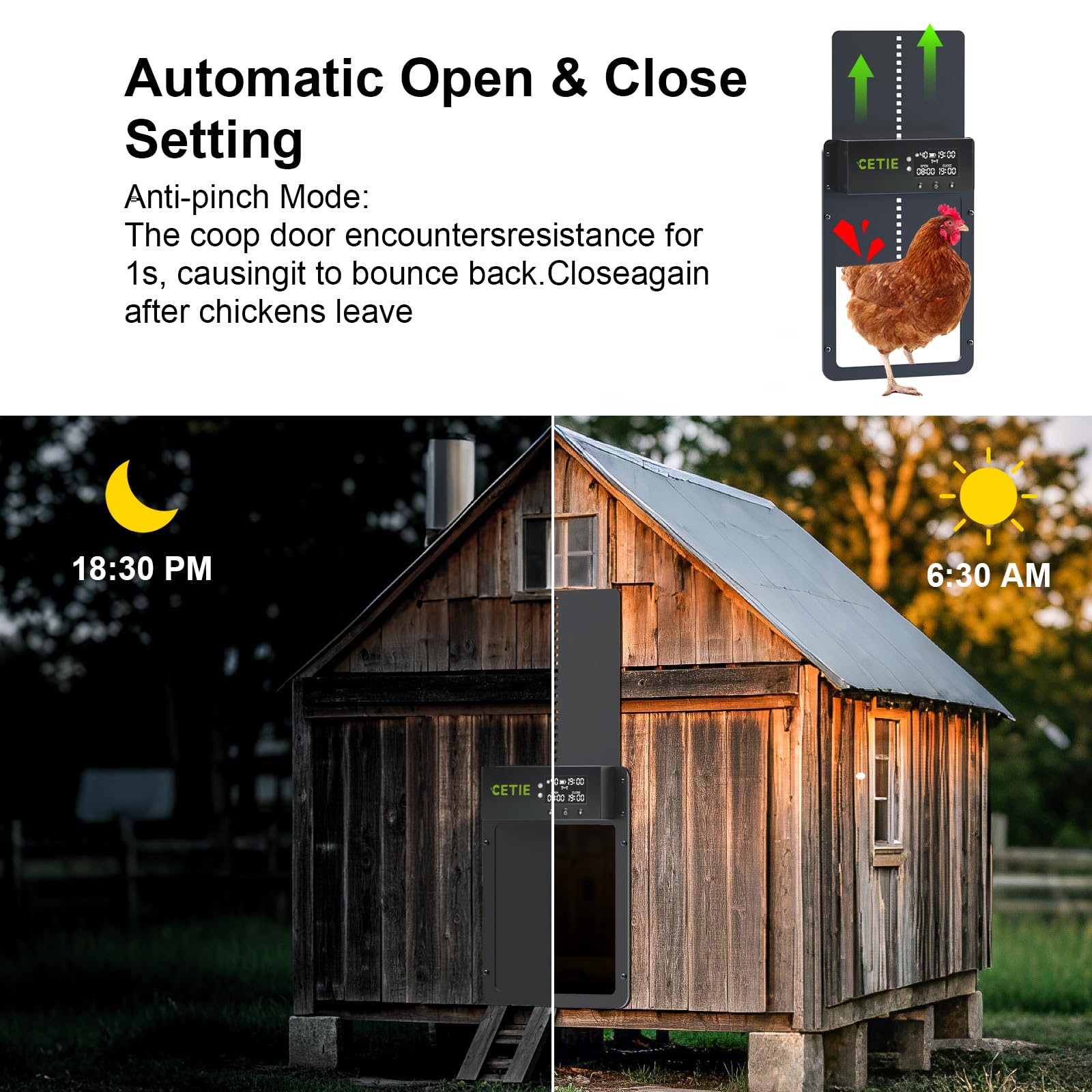 Cetie solar-powered door with 5000mAh battery for off-grid use.