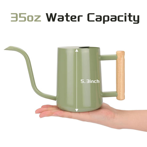 CEWOR Sage Green metal watering can with wooden handle for a comfortable grip