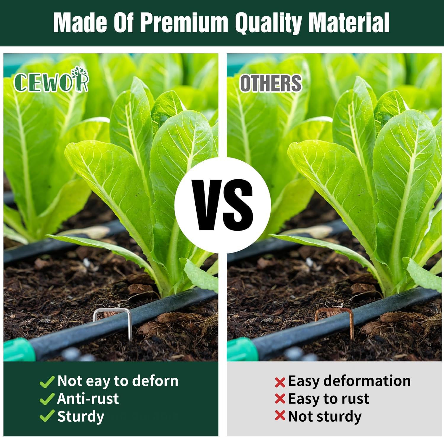 CEWOR sharp-ended stakes ease penetration into sod and heavy soil.