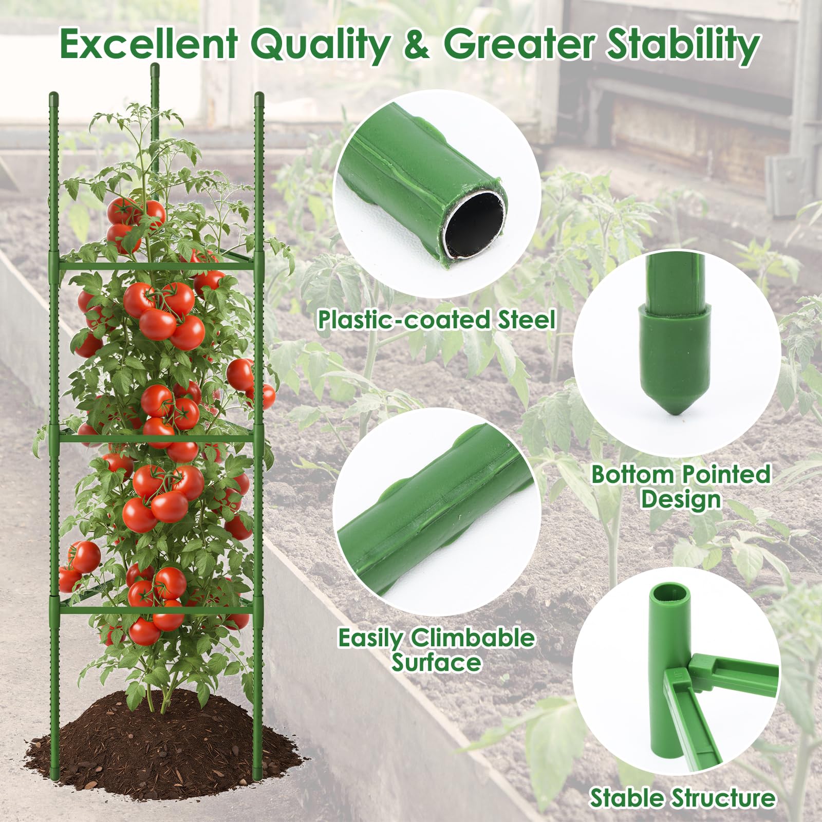 CEWOR tomato-cage-bean-cucumber-support helps vines grow vertically.