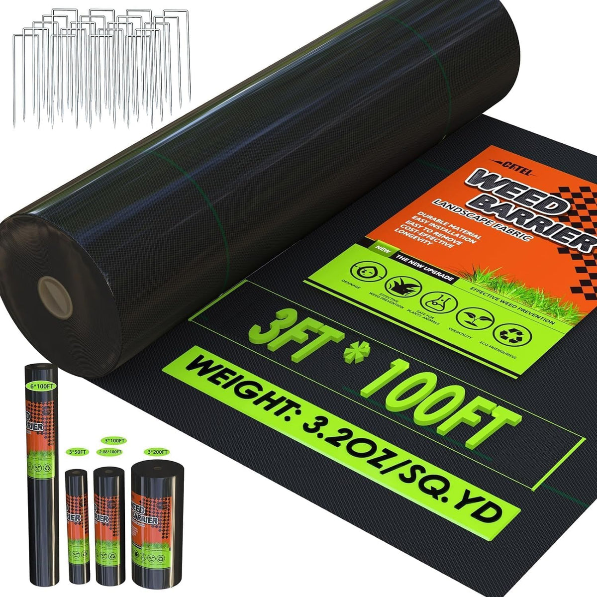 CFTEL weed barrier fabric 3x100ft heavy-duty blocks weeds while letting water through.