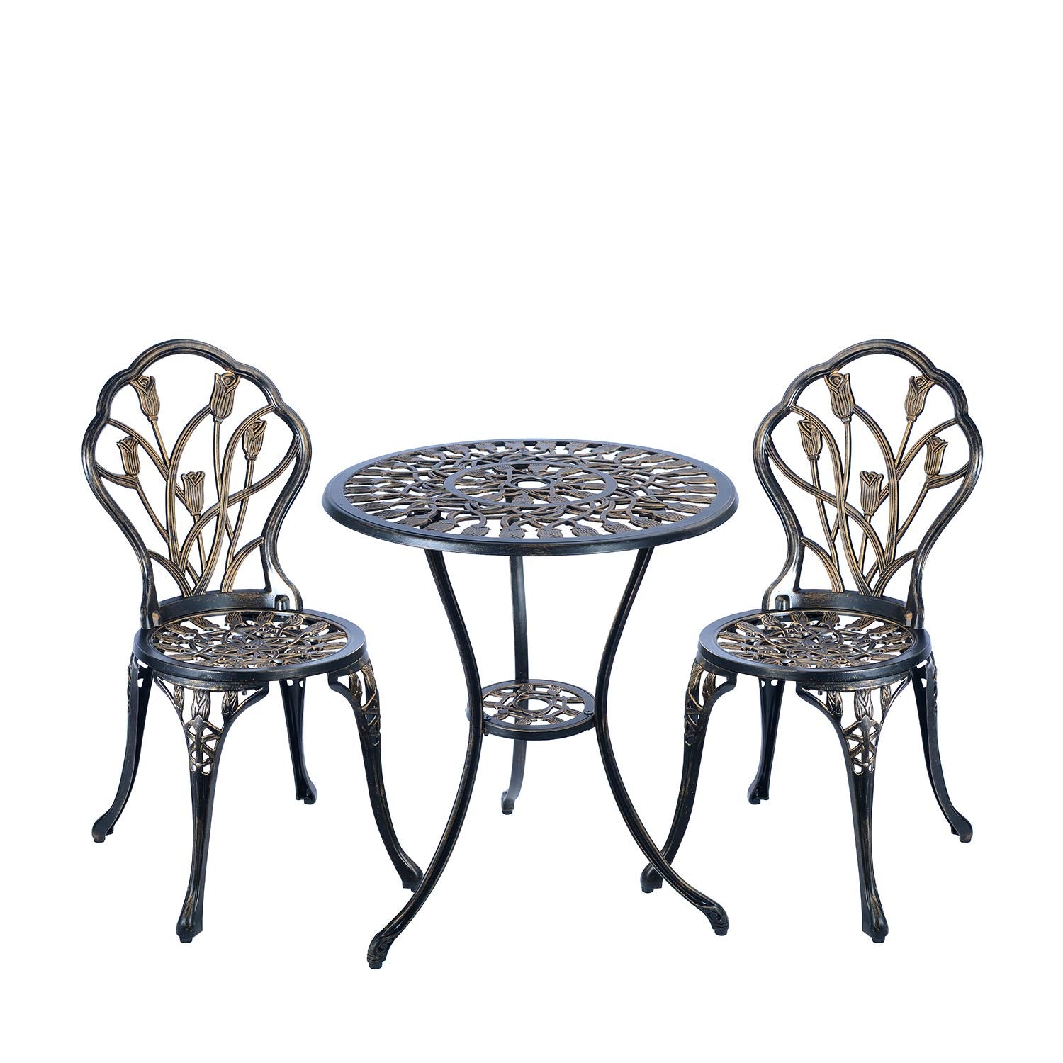 C/G Patio Casa antique copper bistro table with tulip design, durable cast aluminum.