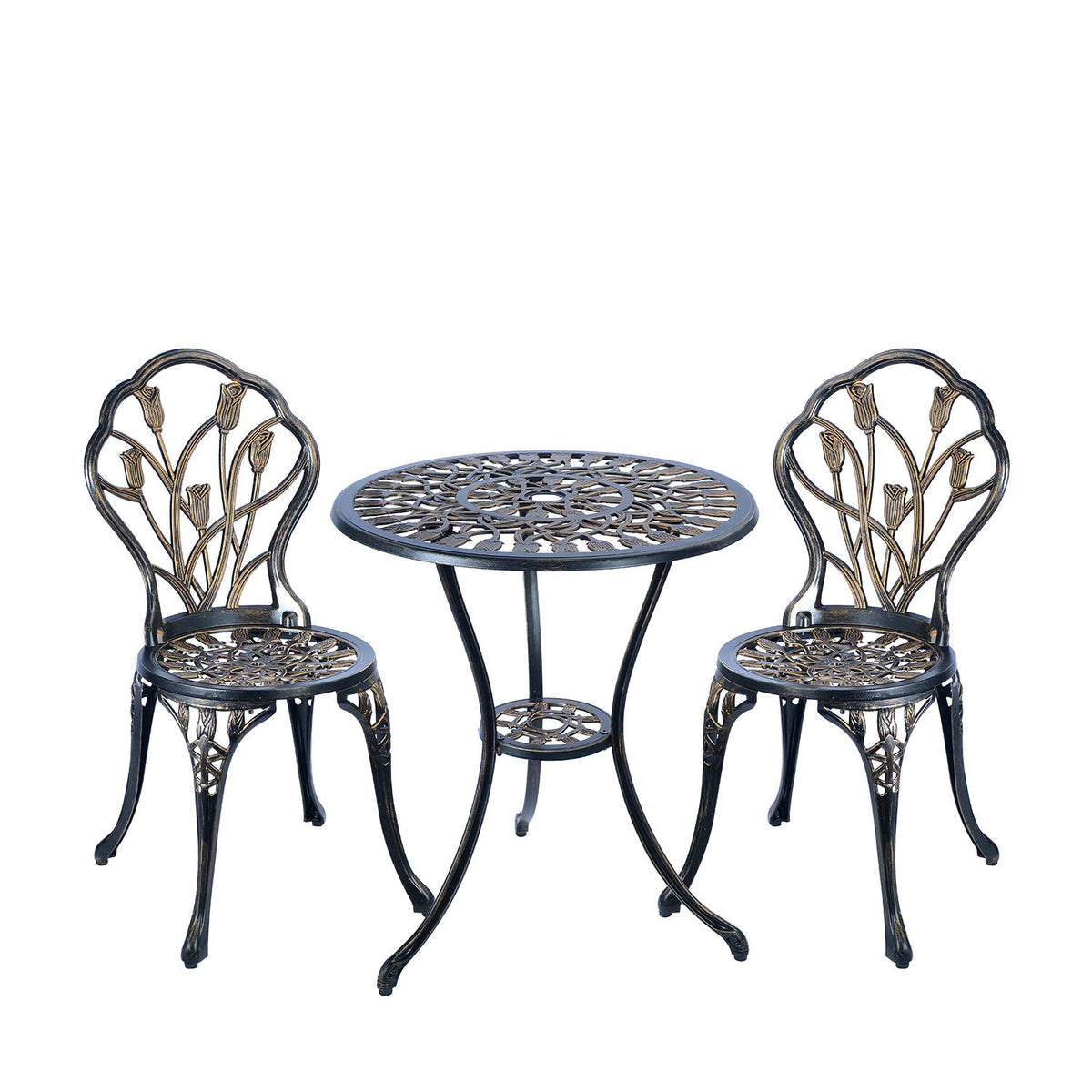 C/G Patio Casa antique copper bistro table with tulip design, durable cast aluminum.