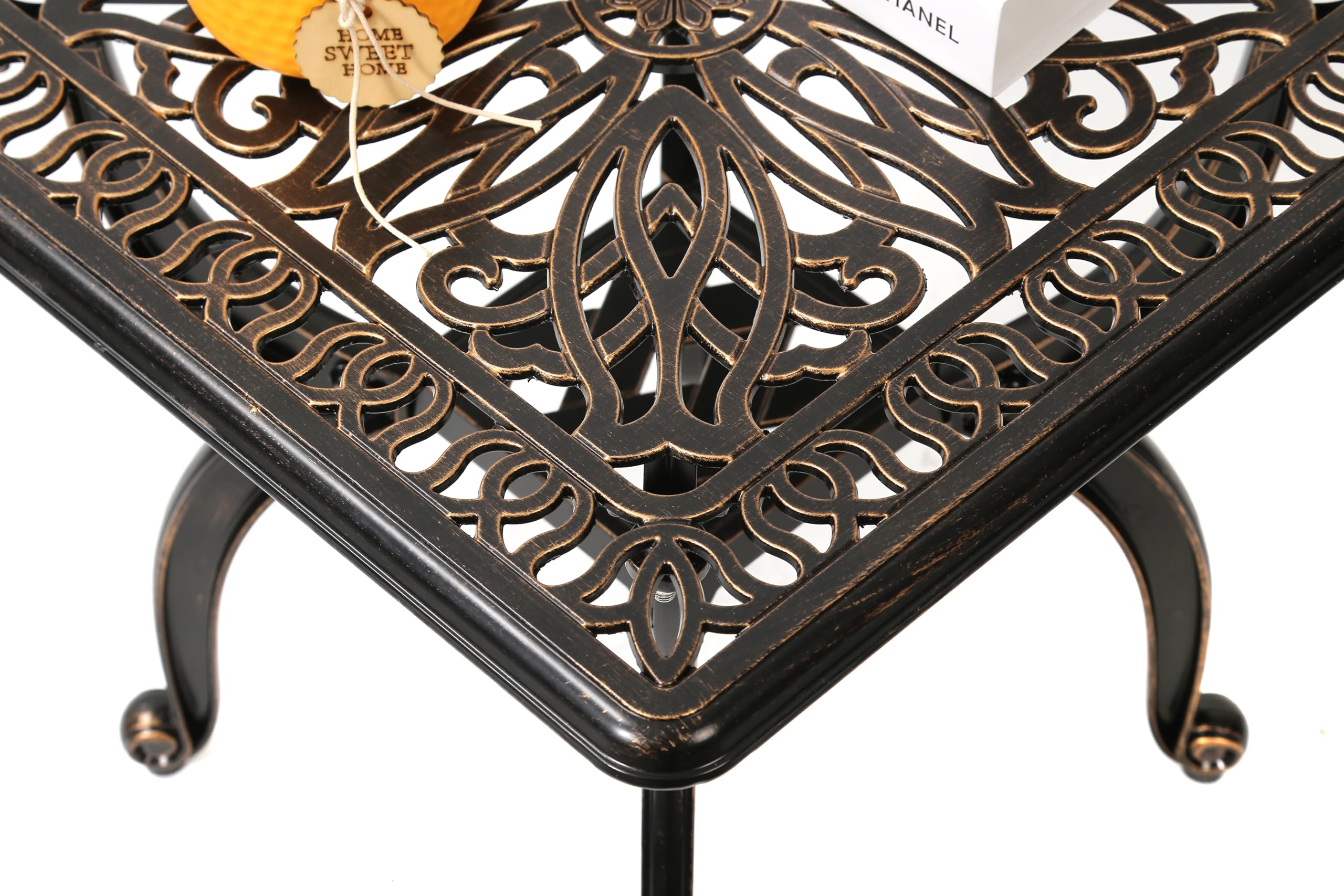 C/G Patio Casa end table with curved legs adds stable, Victorian-inspired charm.