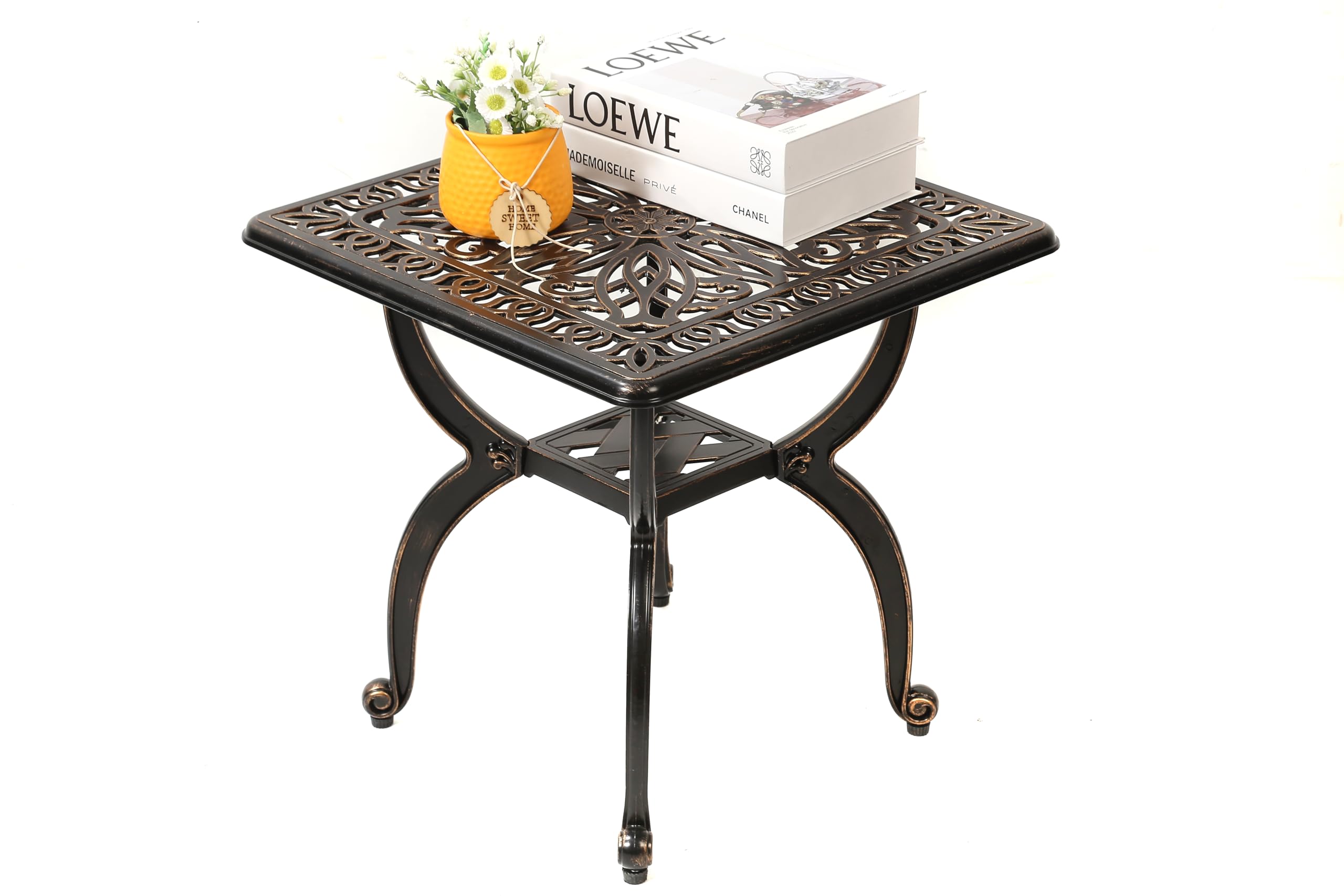 C/G Patio Casa square table with lattice center shelf for decorative storage.