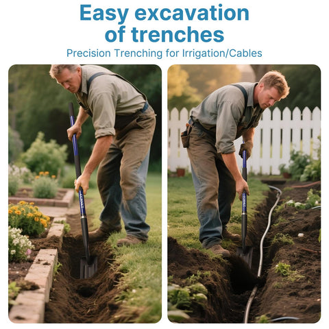 CGRNKT trench shovel with blue handle ready for tough digging in rocky soil.