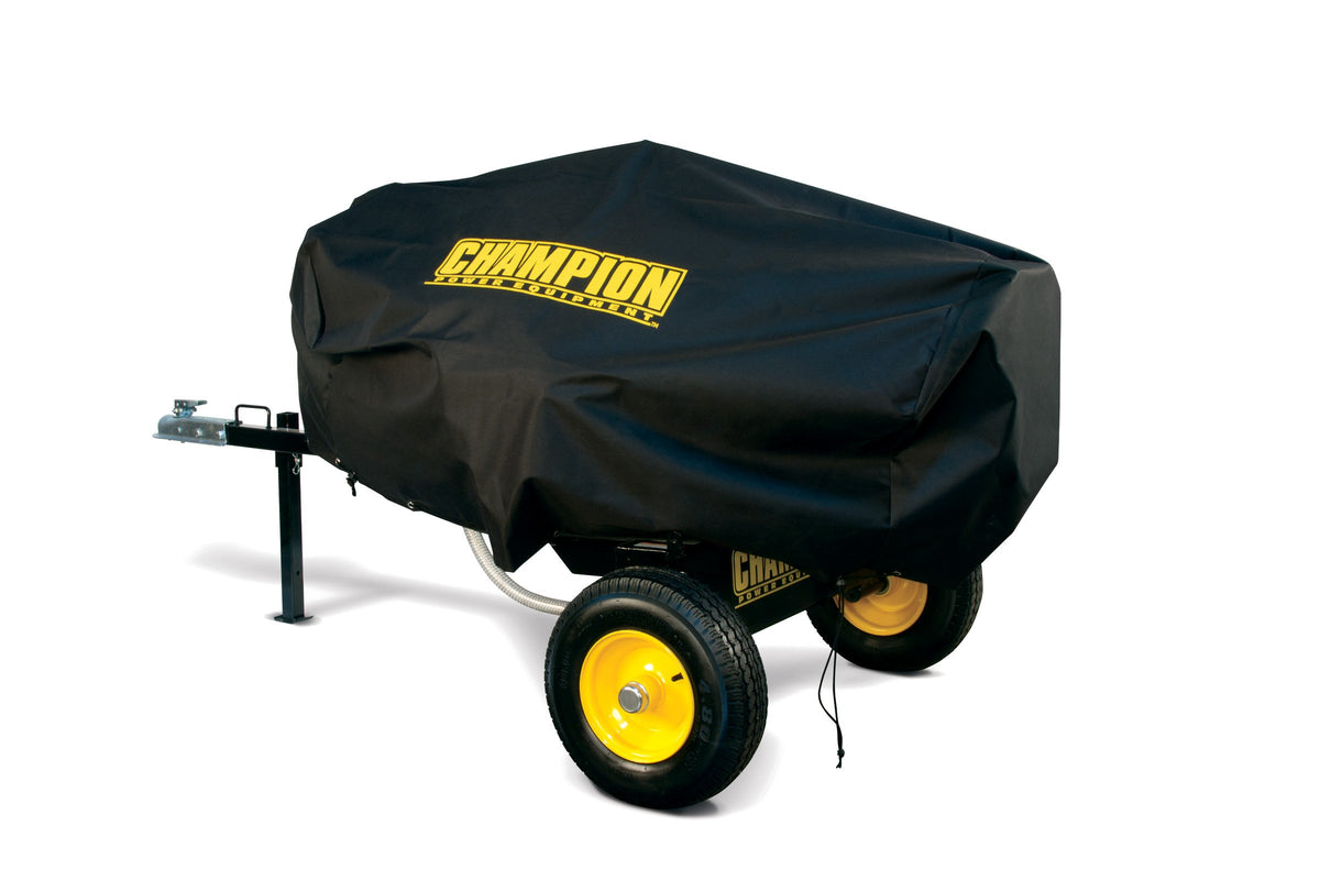 Champion weather-resistant storage cover over a 15-27-ton log splitter protecting from elements