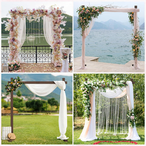 Chamvis wooden wedding arch draped fabric backdrop enhances intimate photo moments.