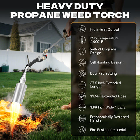 CHAOBING weed torch 11.5ft hose provides extended reach and safer operation.