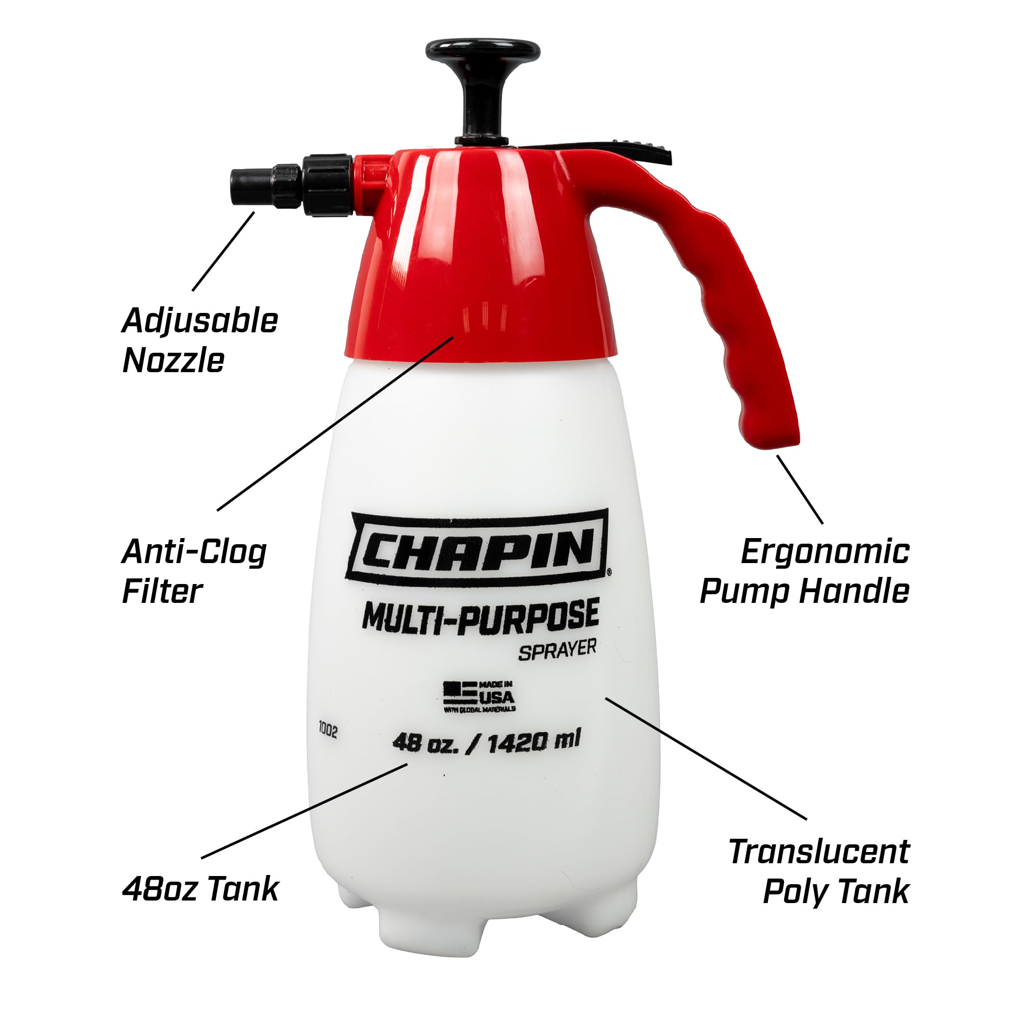 Chapin 1002 in-tank anti-clog filter maintains steady spray.