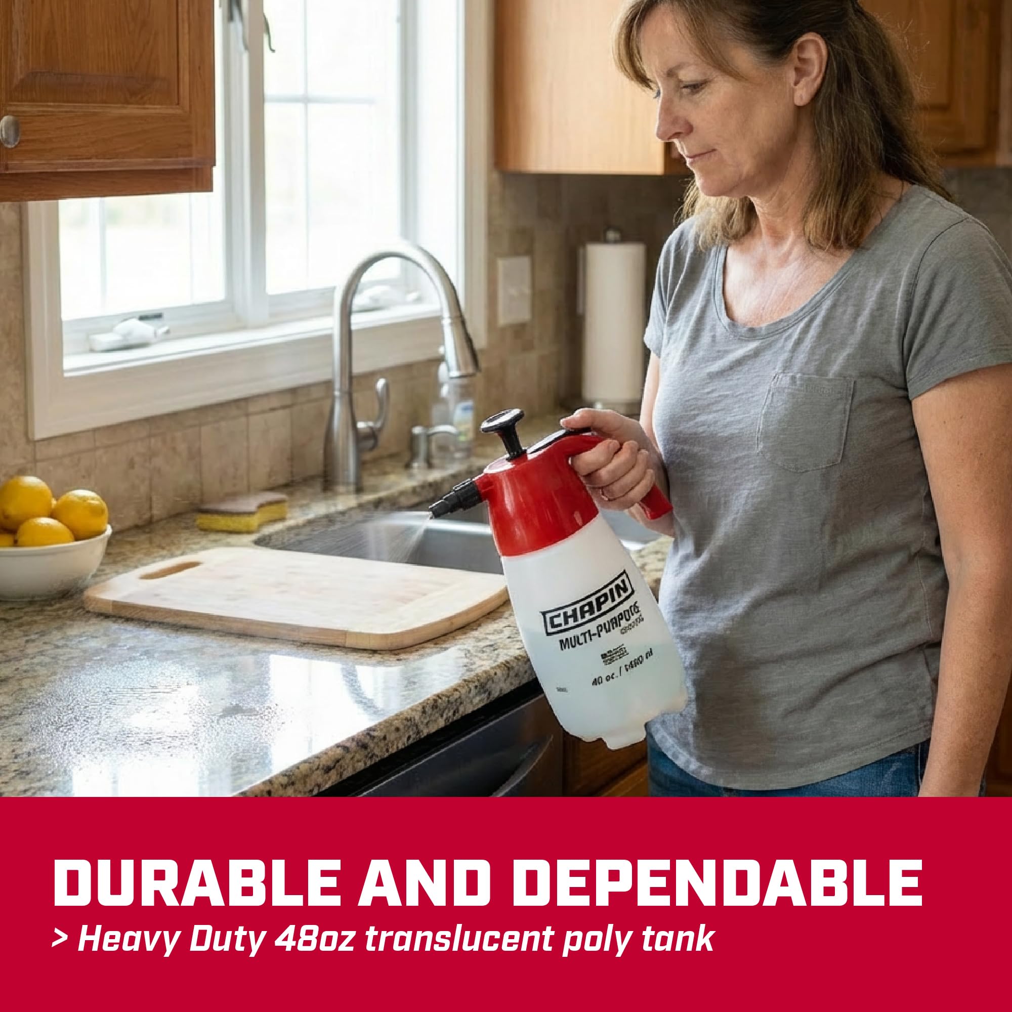 Wide-mouth opening for fast filling and cleaning of Chapin 1002.