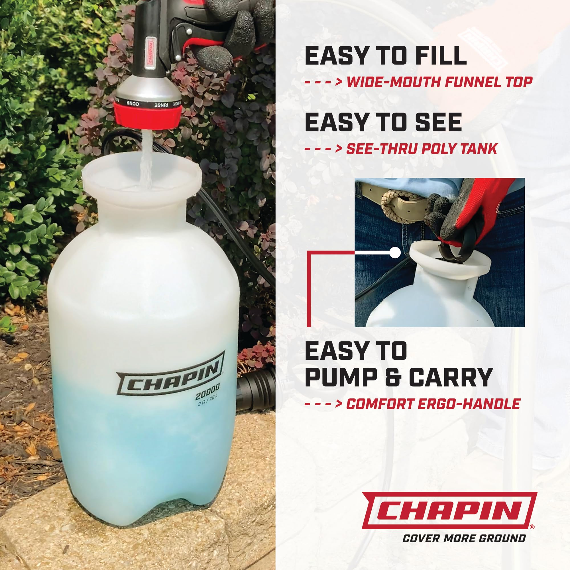 Chapin 20024 funnel-top design allows spill-free filling.