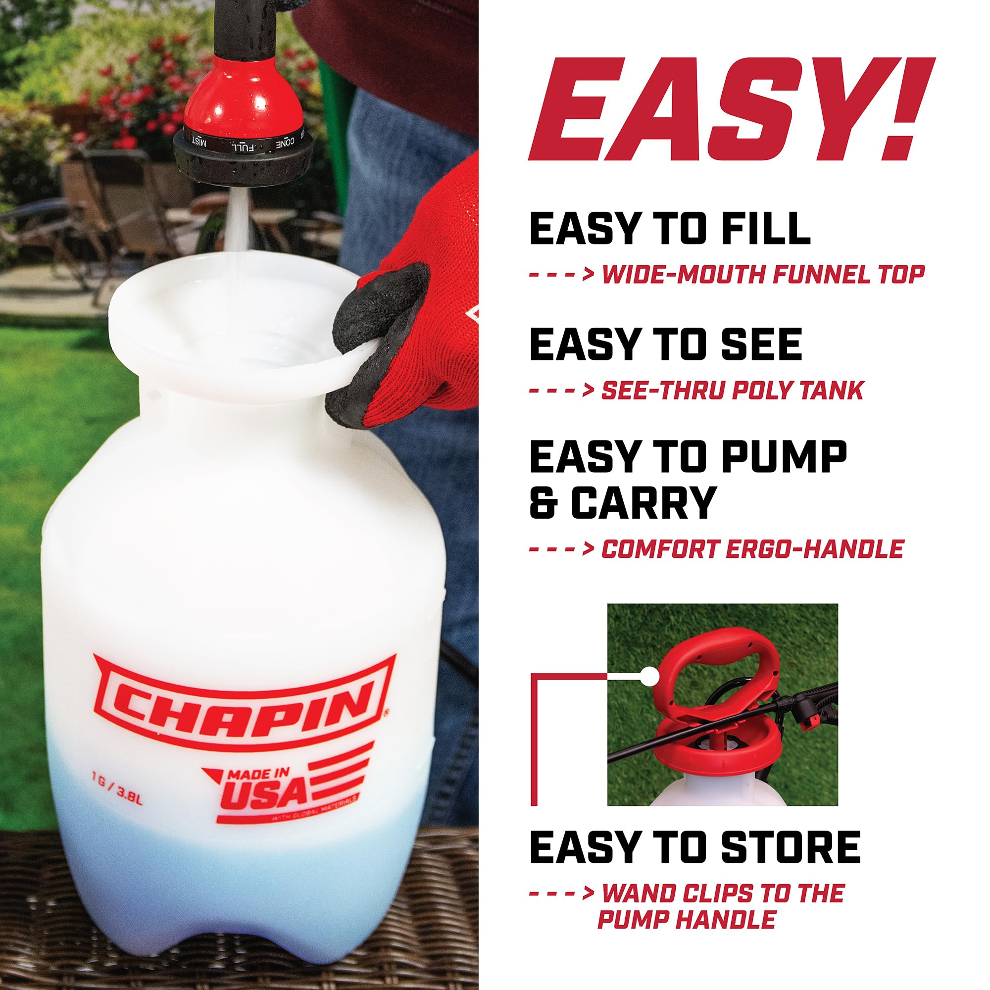 Chapin 20084 translucent tank with visible fluid levels for easy monitoring.