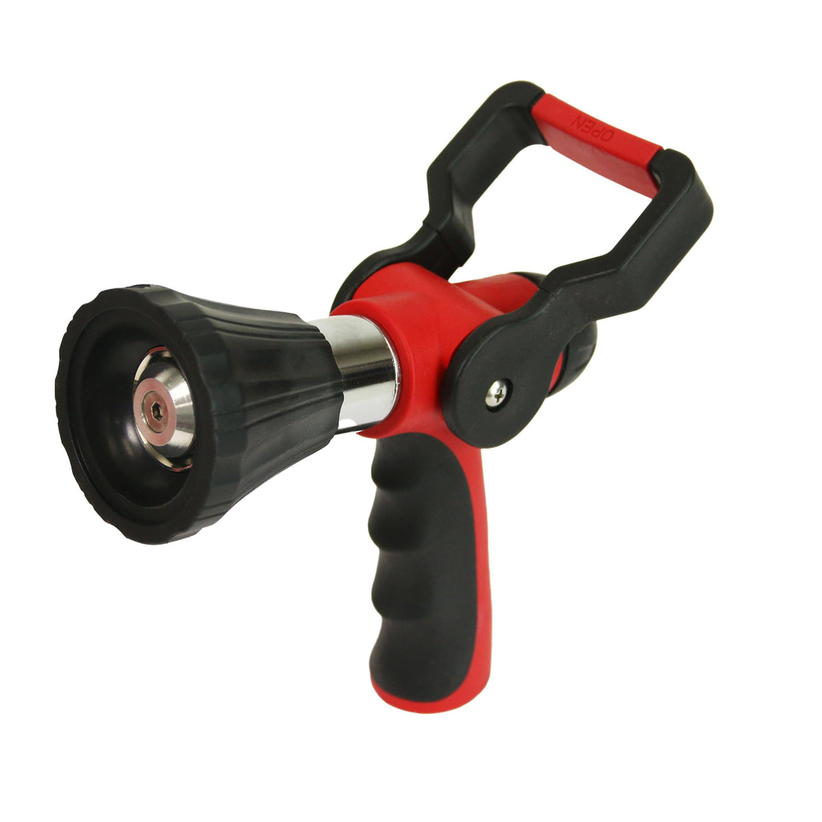 Chapin 4699 fireman-style nozzle with lever grip enables one-handed control.