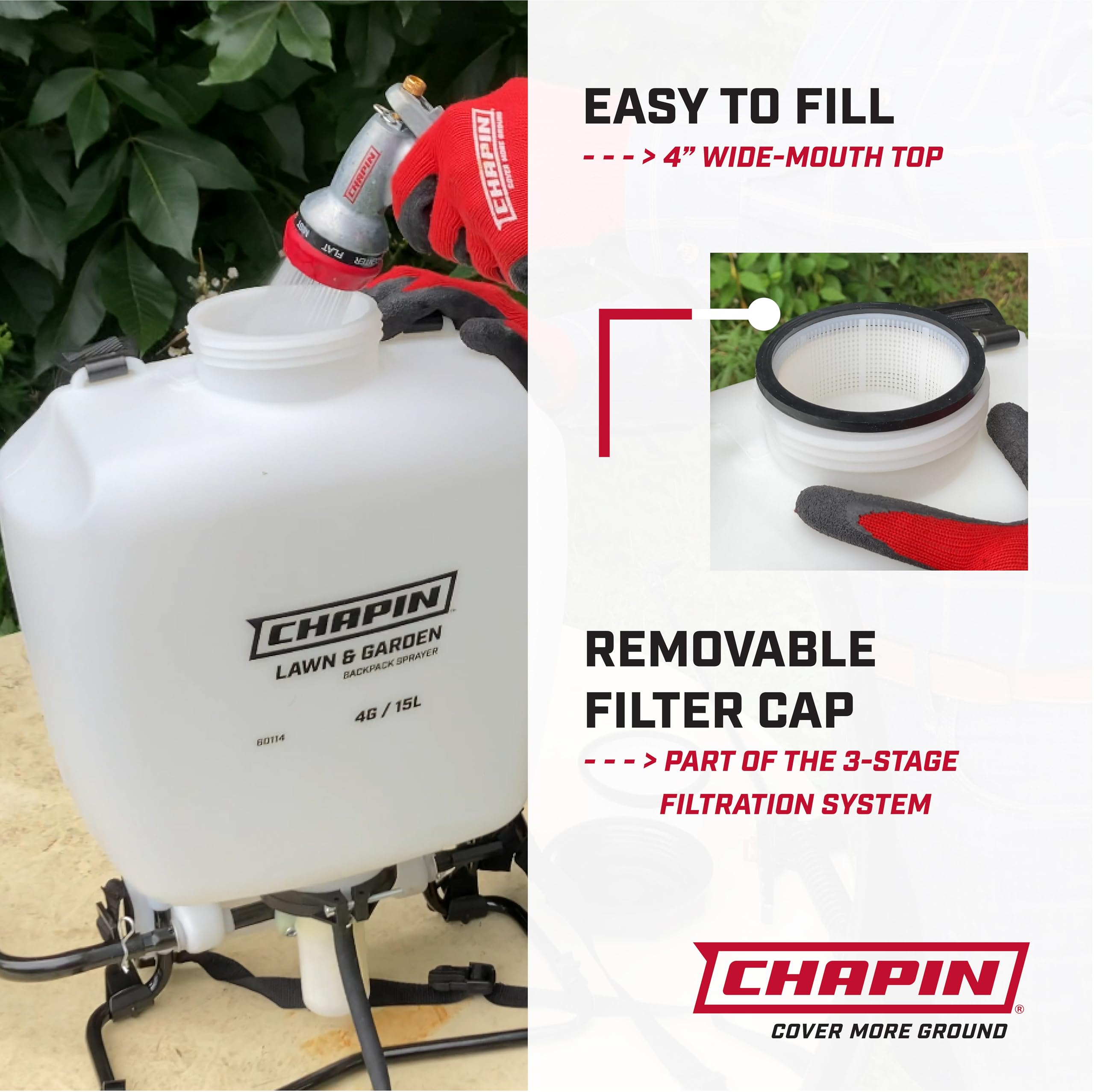 Chapin 60114 3 stage filtration reduces clogs during yard tasks