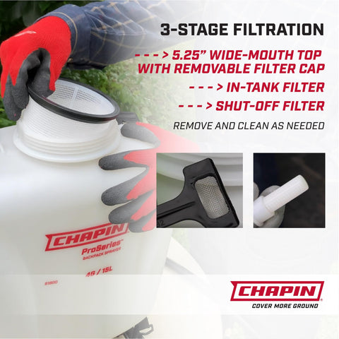Chapin 61800 3-stage filtration helps prevent clogs during spraying tasks.