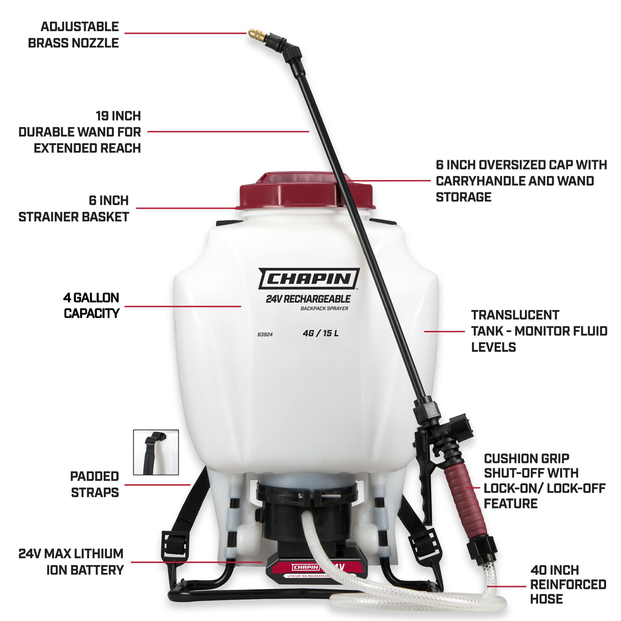 Chapin 63924 24V battery-powered sprayer offers long, continuous spraying.