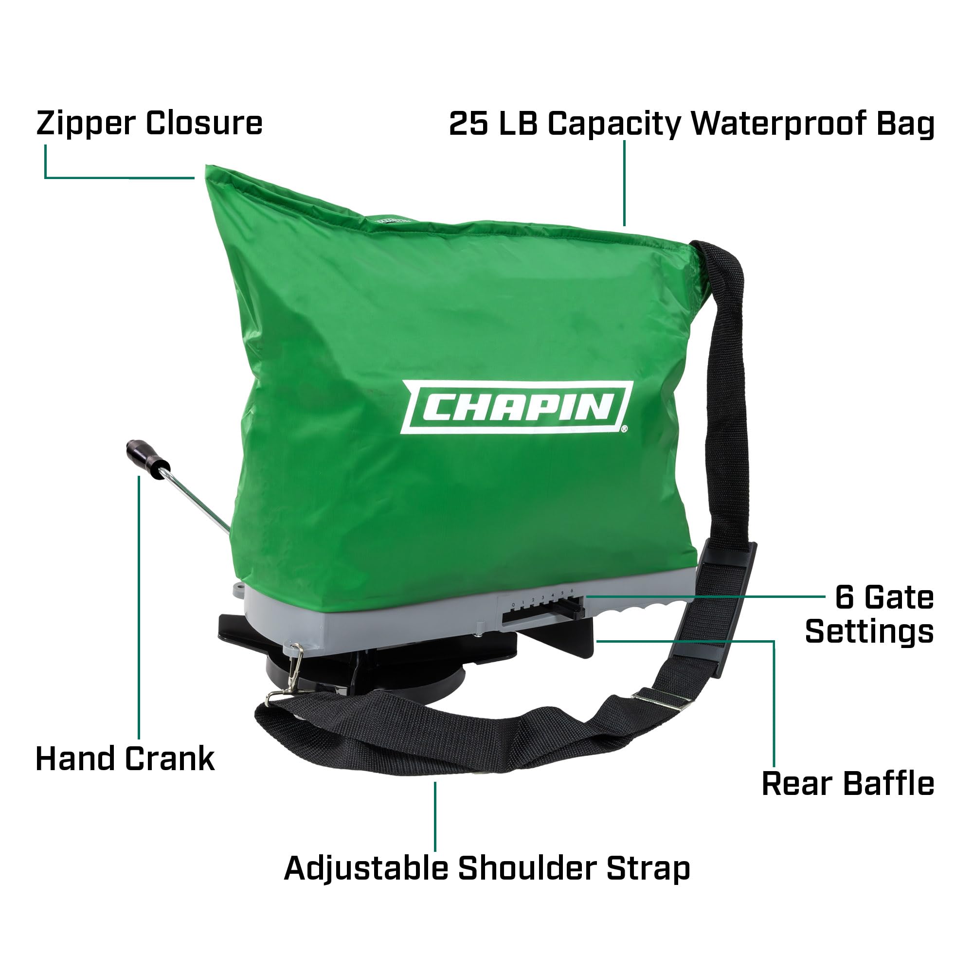 Chapin 84700G spreader showing rear baffle to keep clothes clean.