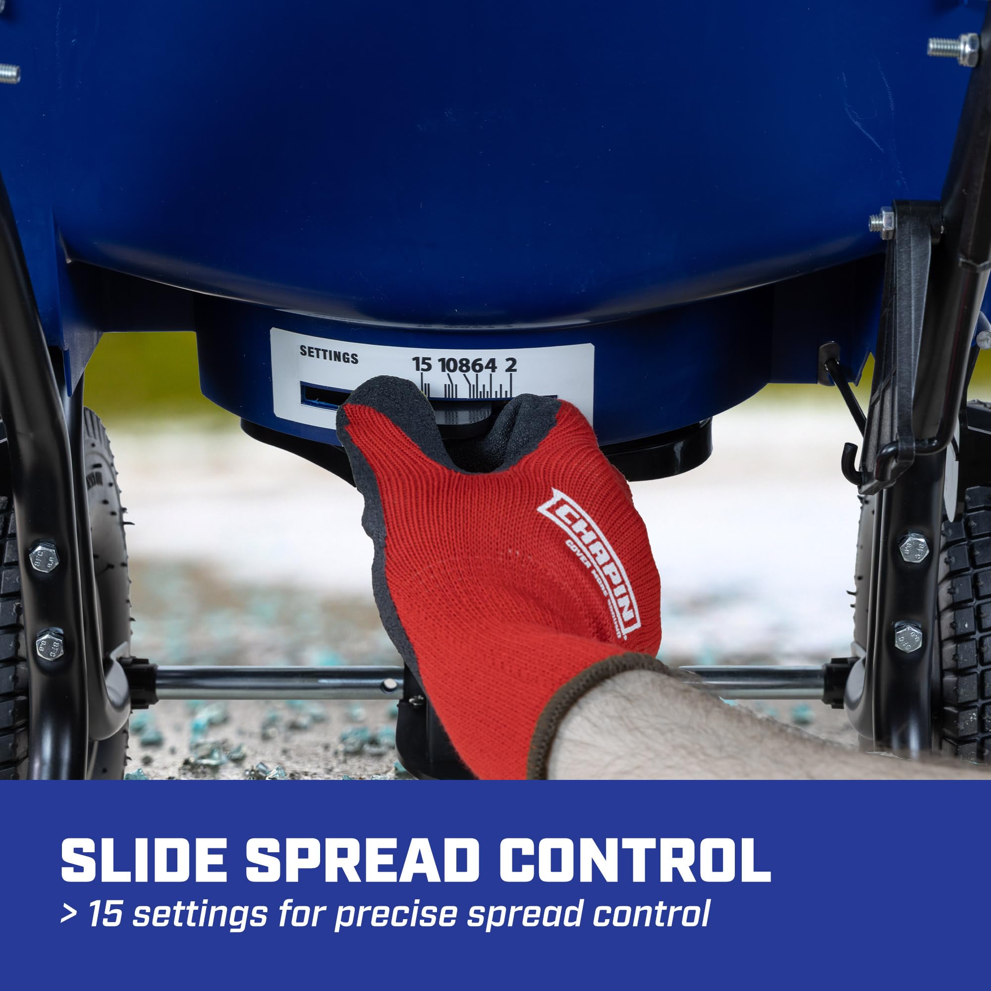 Chapin SaltPro 10-inch tires provide traction on snow and ice.