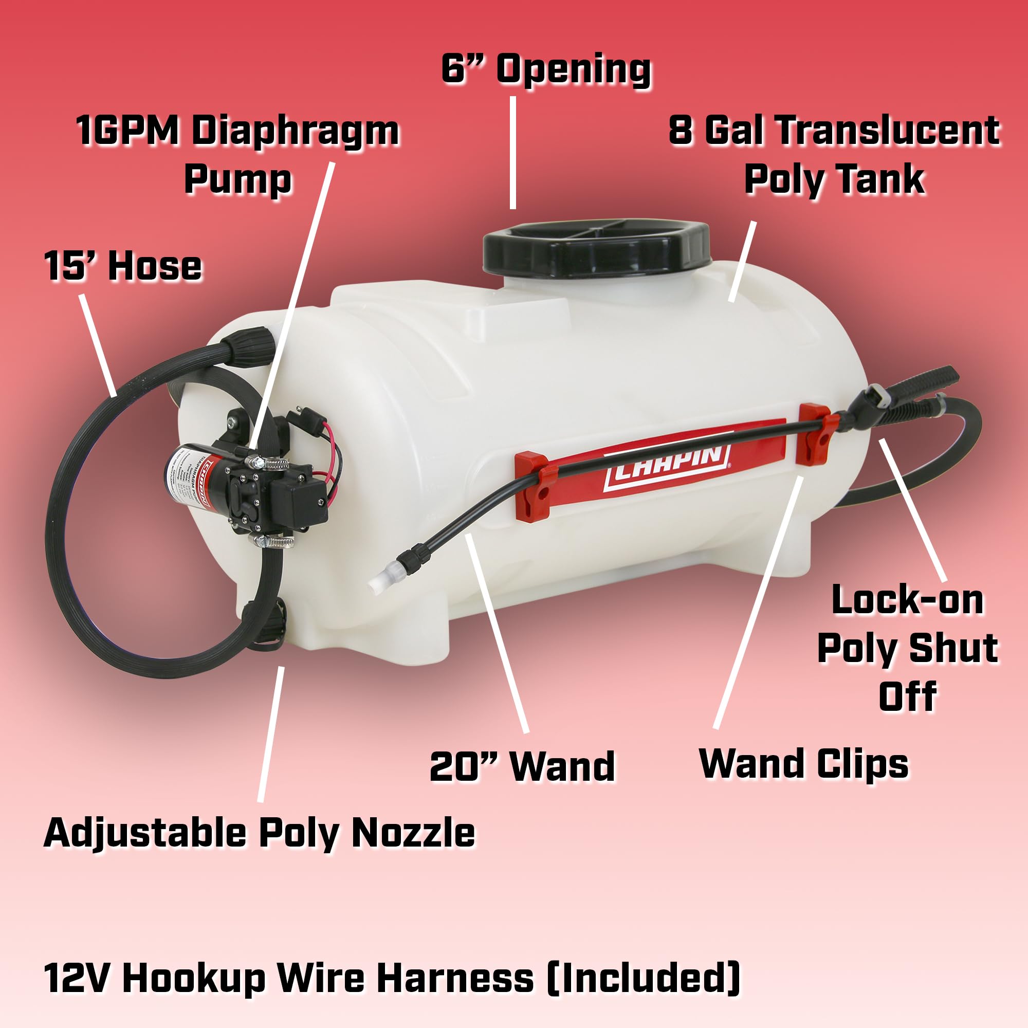 Chapin 97084 sprayer connected to a 12V power source for steady spray output.