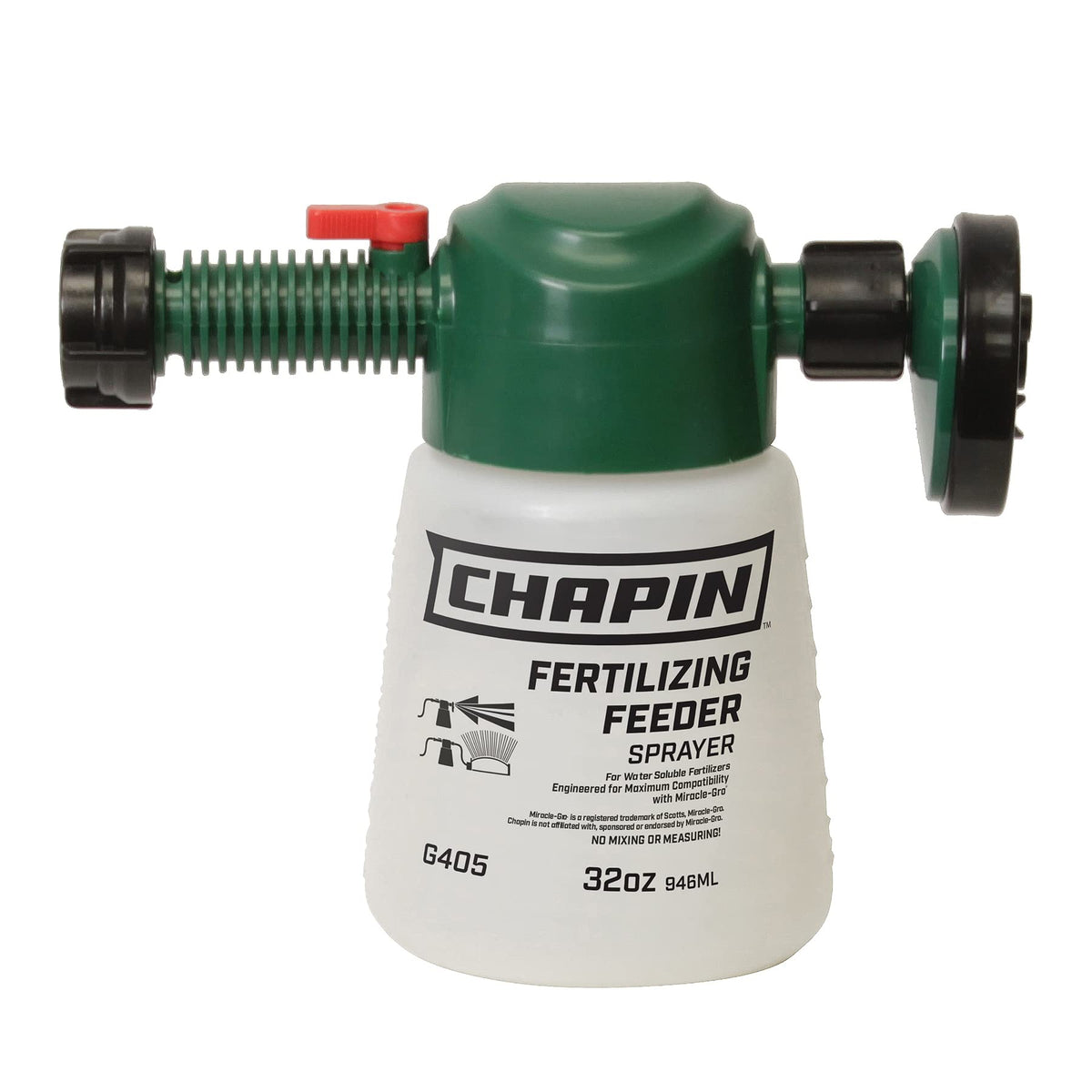 Chapin G405 hose-end fertilizer feeder applies dry fertilizer evenly for lawns and gardens.