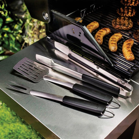 Char-Broil Aspire tongs shown with locking mechanism for secure storage.