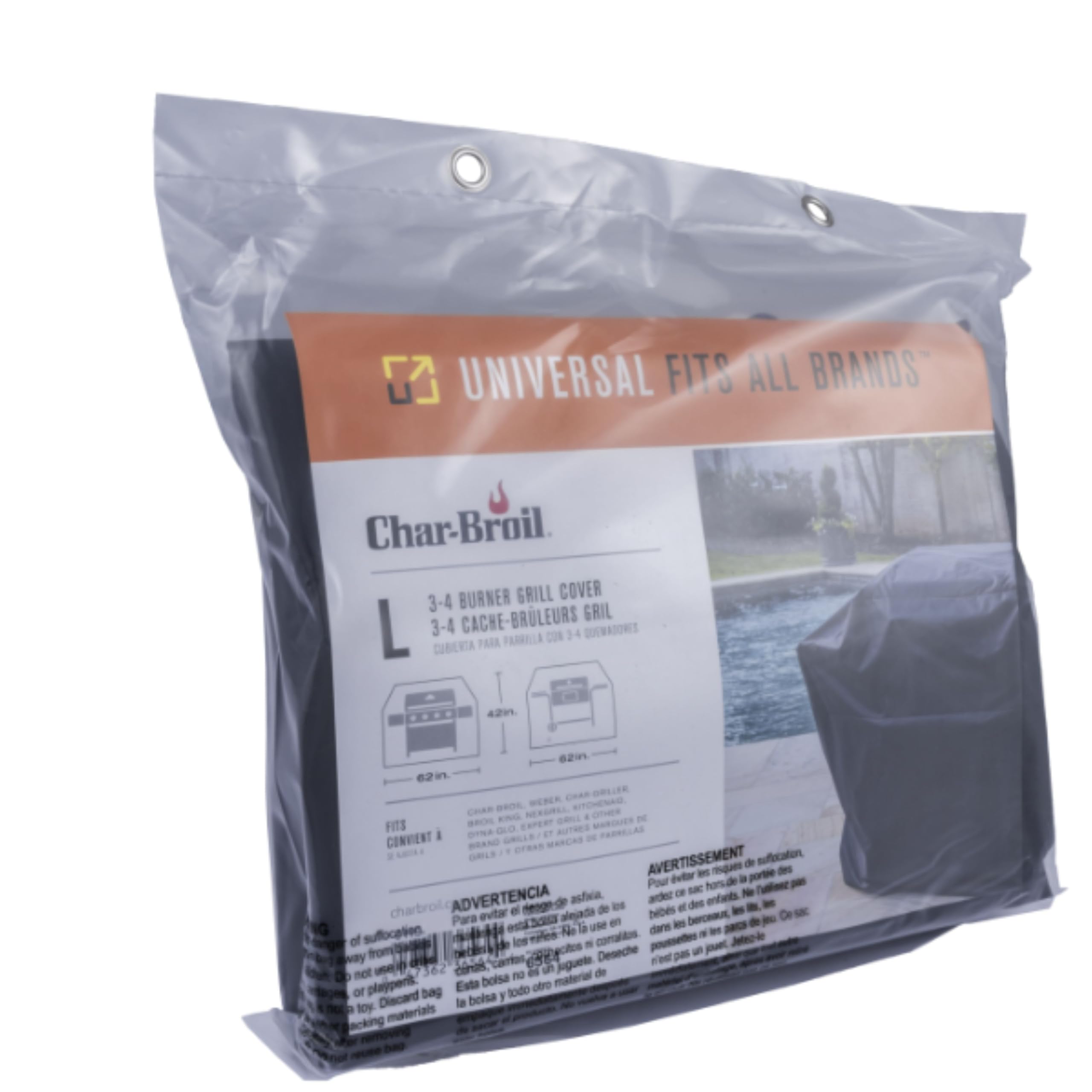 Char-Broil cover with side straps demonstrates secure, wind-ready fit.