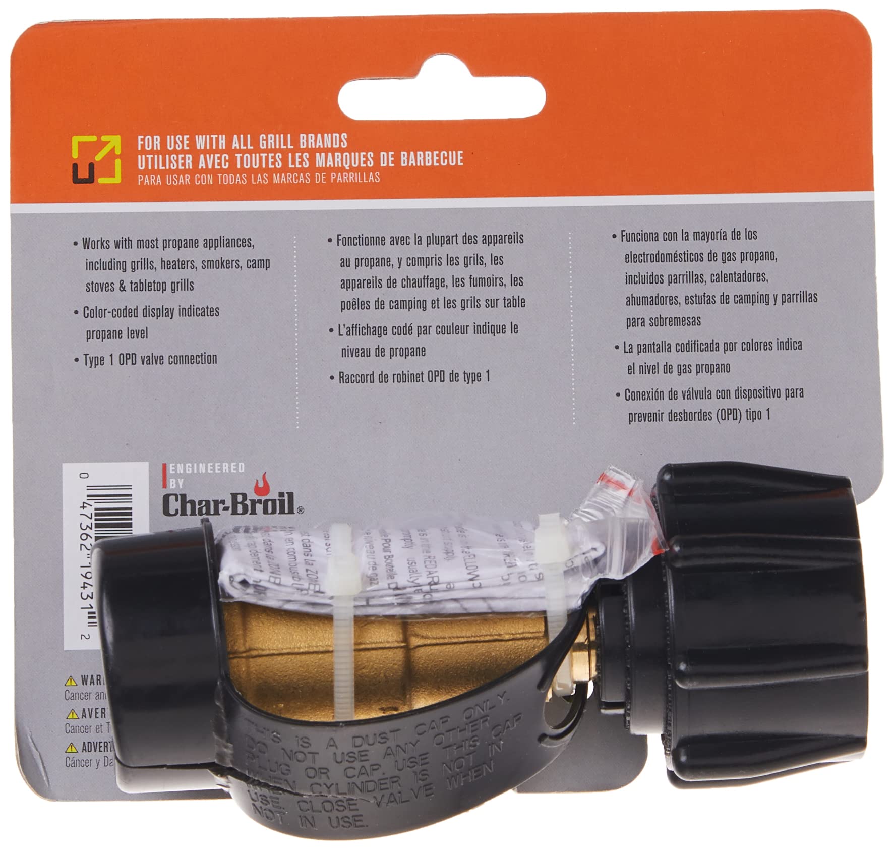 Char-Broil universal gauge fits most propane tanks for versatile use.