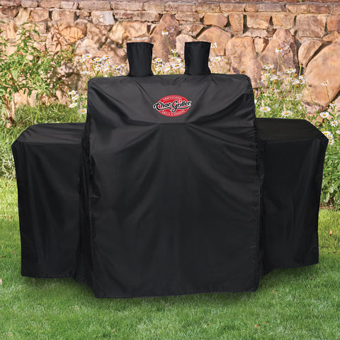 Char-Griller 3055 cover shows snug fit over smoke stacks for secure protection.