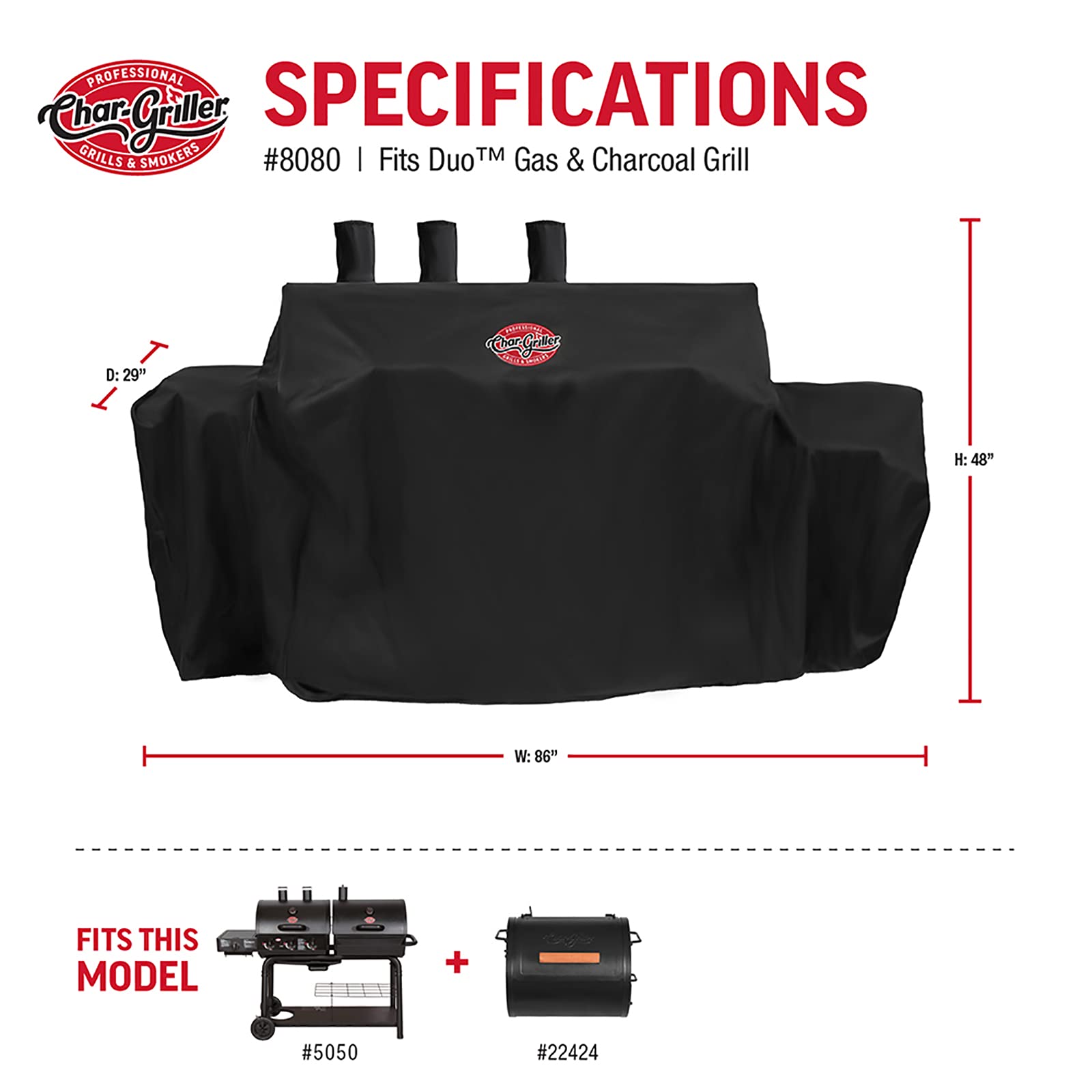 Char-Griller 5050 Duo cover expanded width 86 inches for larger configurations.