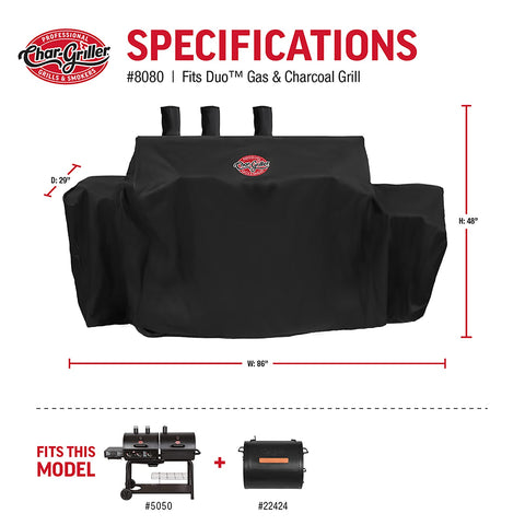 Char-Griller 5050 Duo cover expanded width 86 inches for larger configurations.