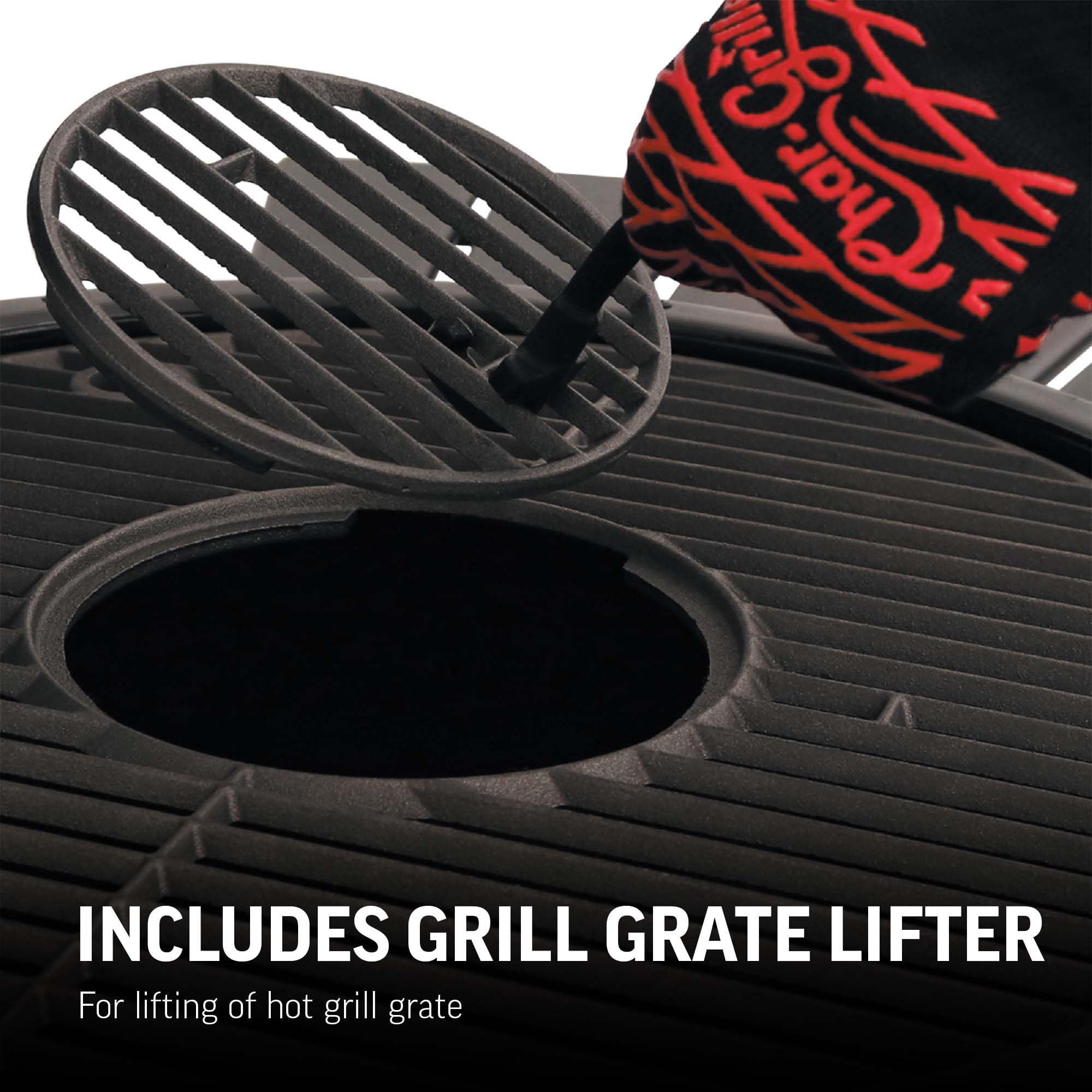 Char-Griller AKORN Jr EasyDump Ash Pan simplifies cleanup after grilling.