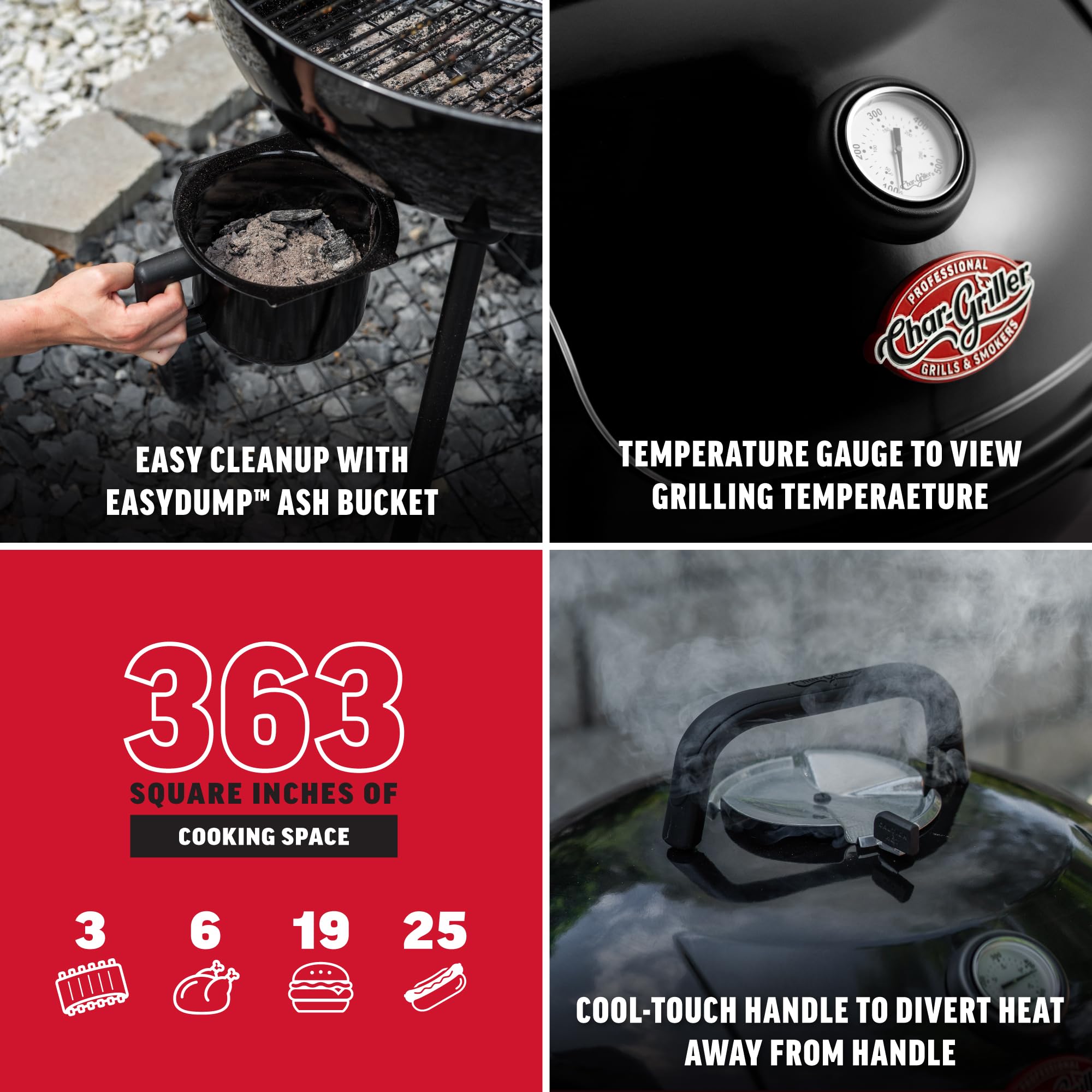 Char-Griller kettle frame closeup emphasizes sturdy steel construction and outdoor durability