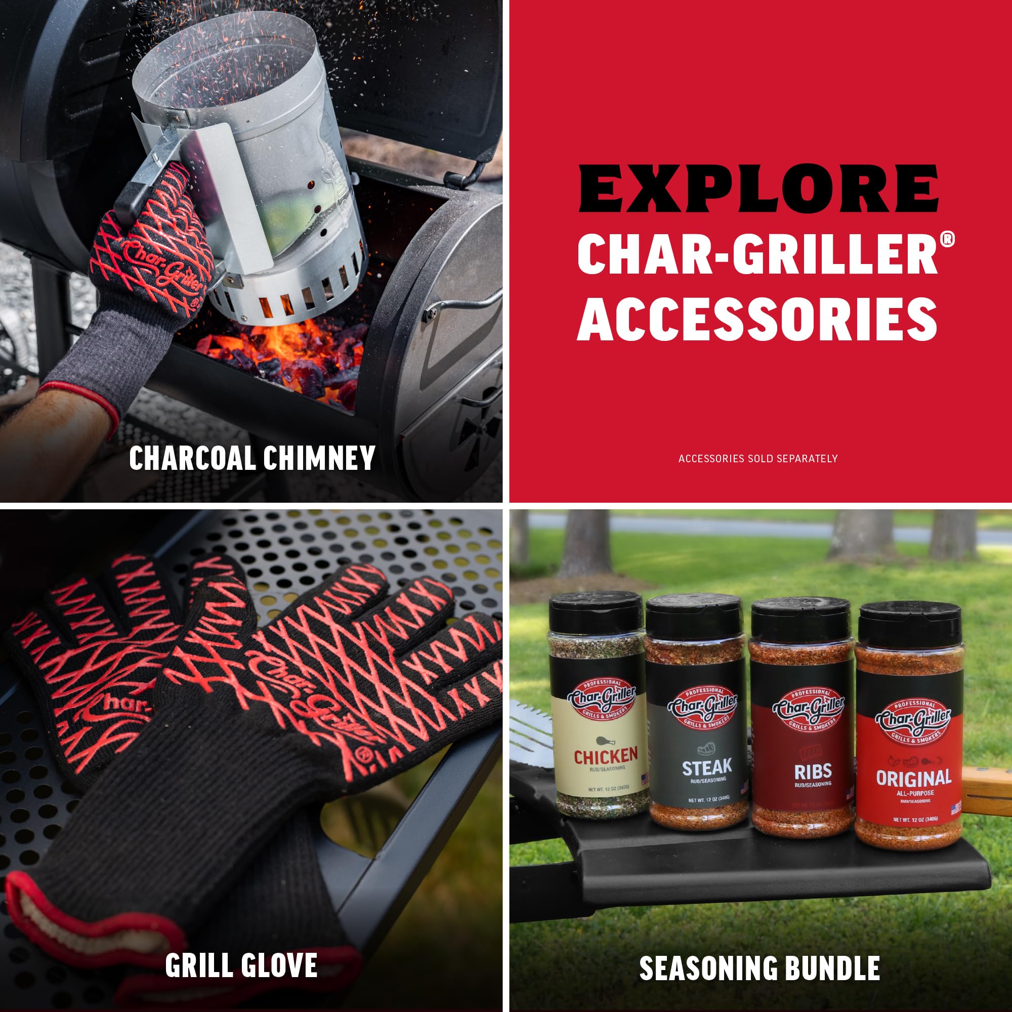 Char-Griller CG30040725 grate-lifter in use for safe handling during cooking