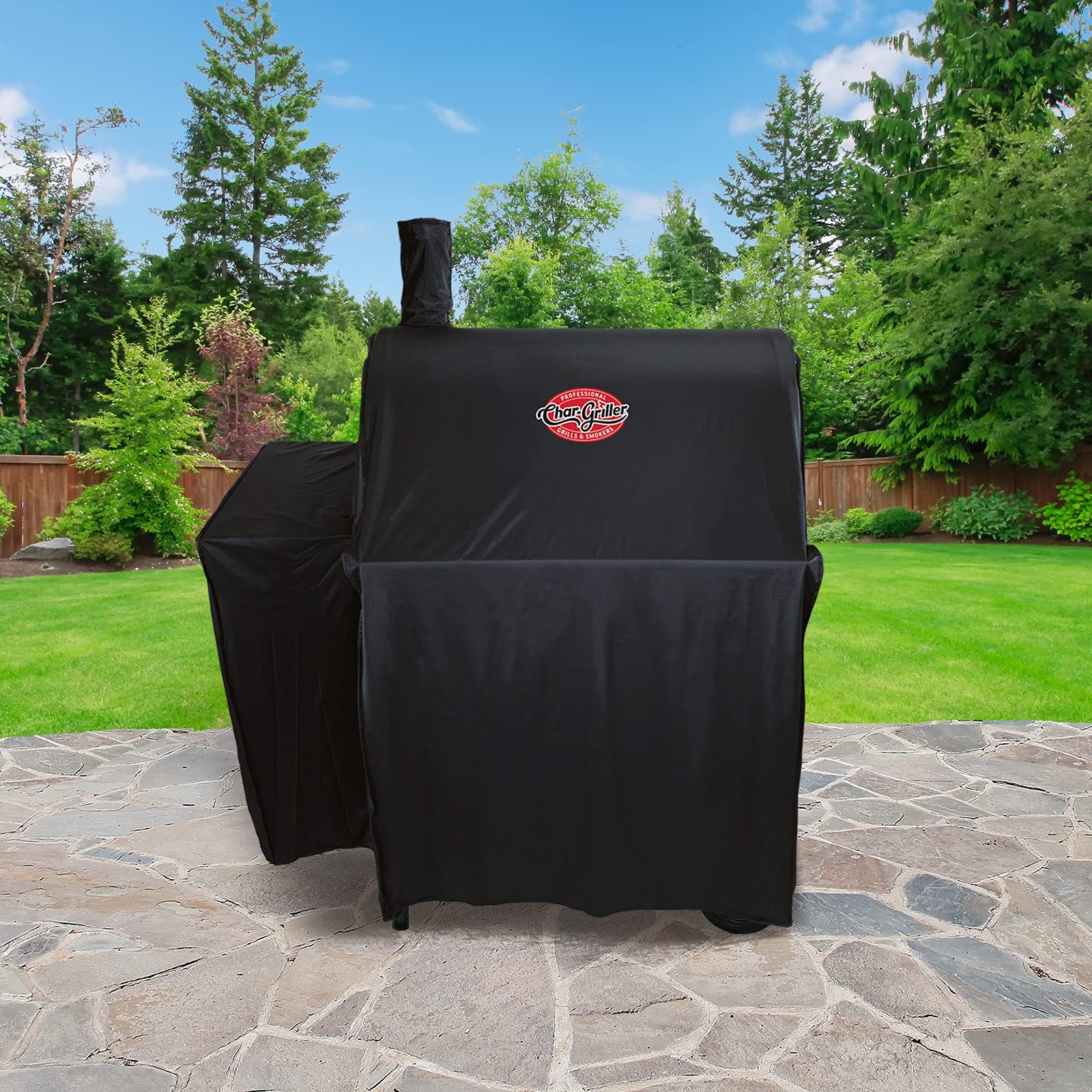 Char-Griller cover in black adds sleek, weather-ready protection.